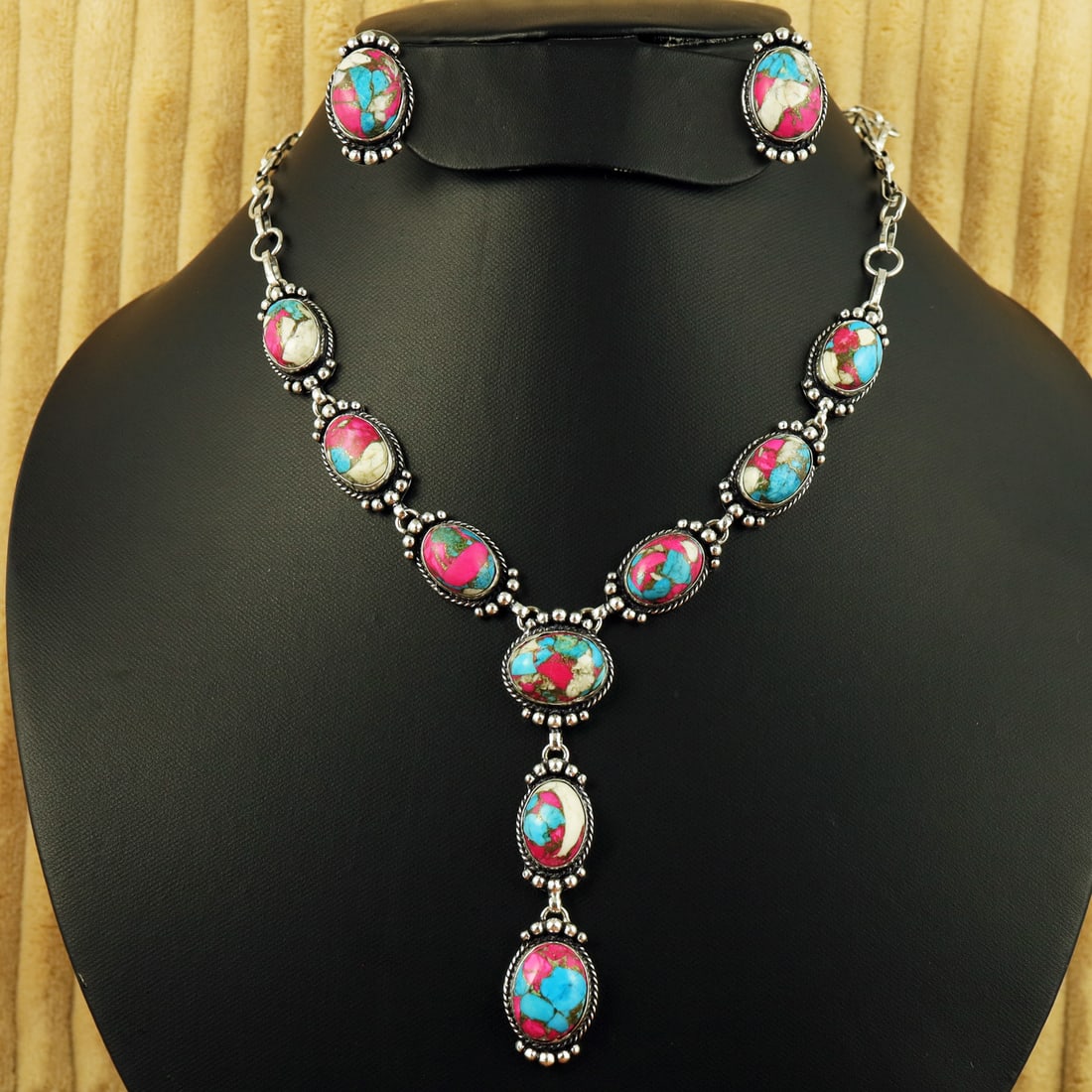 Natural Cotton Candy Silver Plated Handmade Necklace With Stud Earring: Product ID: 260811140514 Product - Handmade Silver Plated Necklace With Earring Metal - 92.5 Sterling Silver Plated Necklace Length - 18 Inch Gemstone - Cotton Candy Gemstone Origin - United States Ge