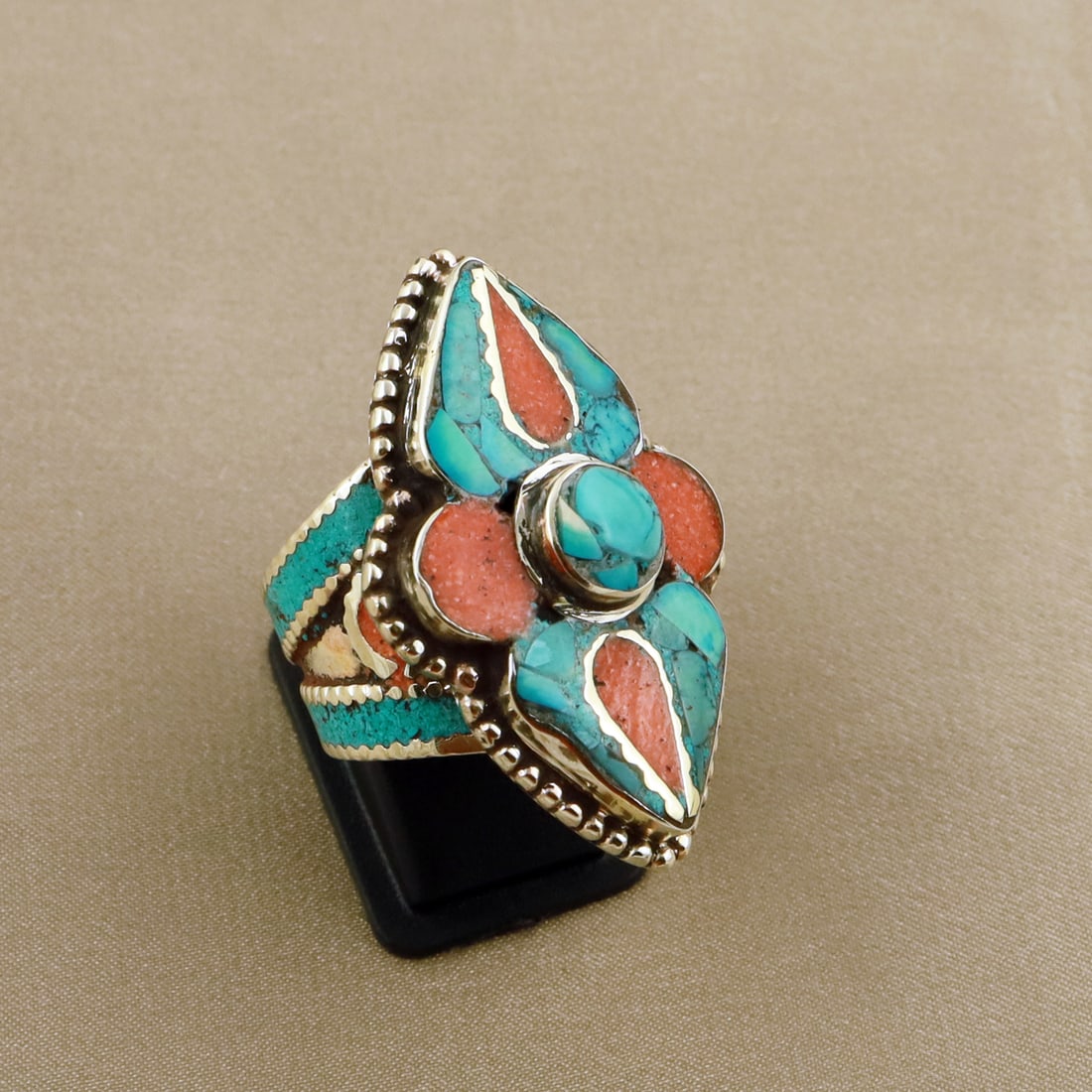 Tibetan Turquoise & Coral Handmade Ethnic Ring - 10MM: Product ID: 260804125049 Product - Tibetan Handmade Ethnic Ring Ring Size - 8.5MM Ring Weight - 19 Gram Gemstone - Turquoise & Coral Metal - Brass & Copper mix Metal Origin - Nepal Country/Region of M