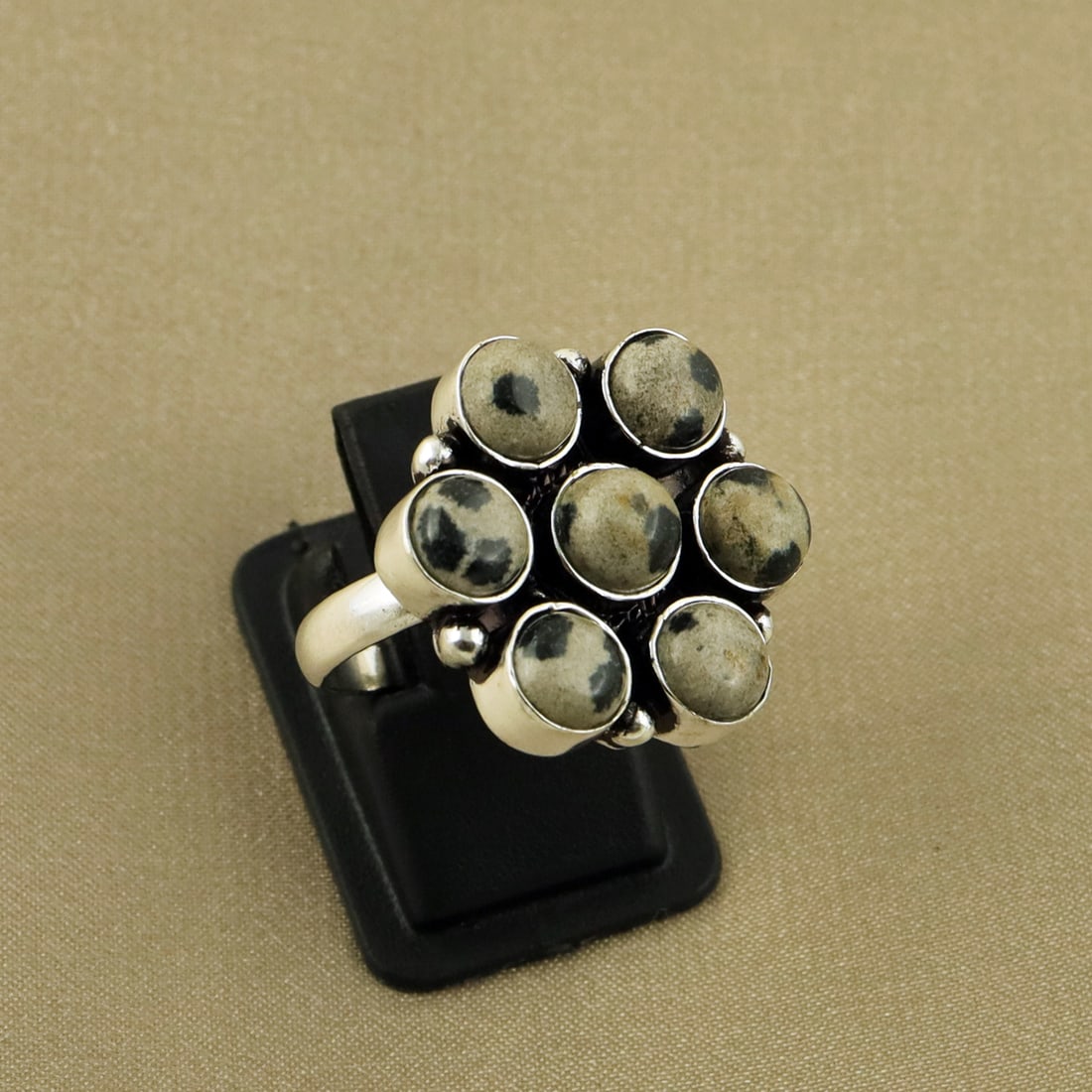 Natural Dalmatian Jasper Sterling Silver Plated Handmade Ring - 6MM ( Adjustable ): Product ID: 260818154936 Product - Handmade Silver Plated Ring Metal - 92.5 Sterling Silver Plated Ring Size - 6MM ( Adjustable ) Gemstone - Dalmatian Jasper Gemstone Origin - Mexico Gemstone Size - 8