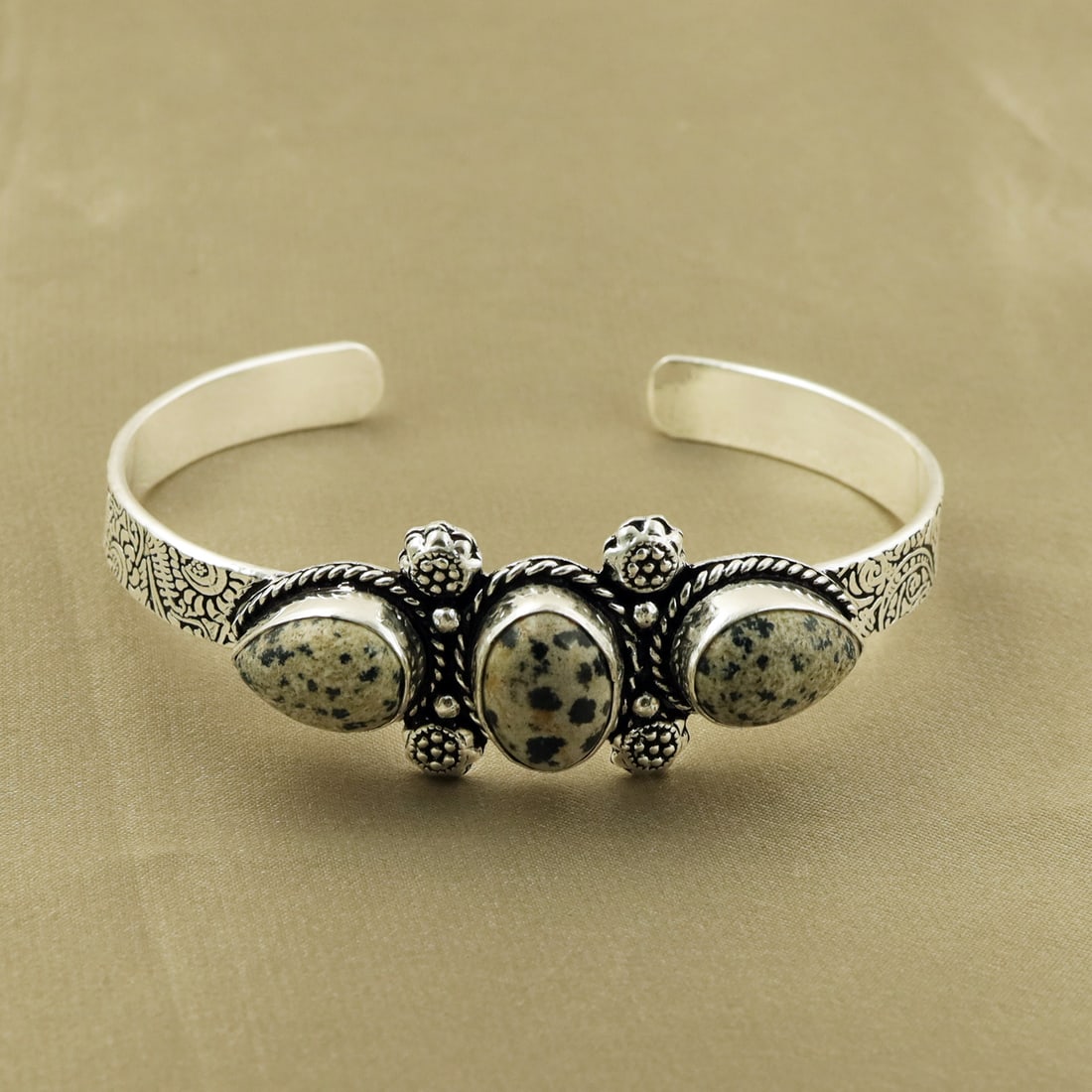 Natural Dalmatian Jasper Sterling Silver Plated Handmade Cuff Bangle (1 of 3)