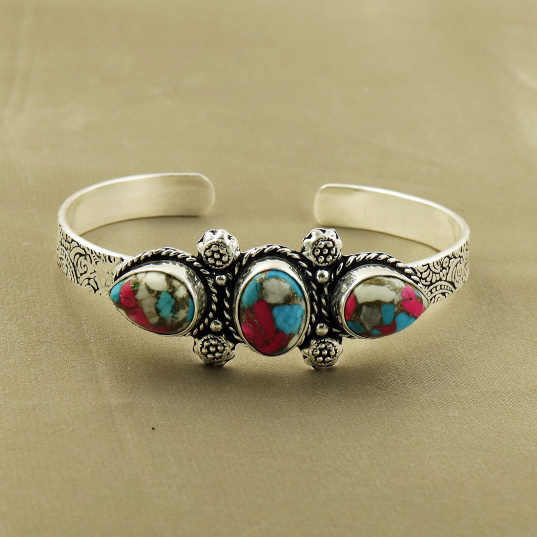 Natural Cotton Candy Sterling Silver Plated Handmade Cuff Bangle: Product ID: 260811173519 Product - Handmade Silver Plated Cuff Bangle Metal - 92.5 Sterling Silver Plated Bangle Size - 7x4.5 CM (Adjustable) Gemstone - Cotton Candy Gemstone Origin - United States Ge