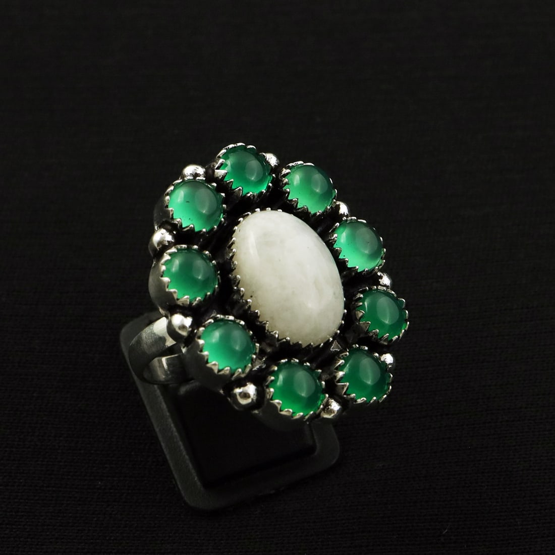 Natural Rainbow Moonstone & Green Onyx 2 Micron Sterling Silver Plated Handmade Ring - 10MM: Product ID: 260811153548 Product - Handmade Silver Plated Ring Metal - 92.5 2 Micron Sterling Silver Plated Ring Size - 10MM Gemstone - Rainbow Moonstone & Green Onyx Gemstone Origin - India Gemstone 