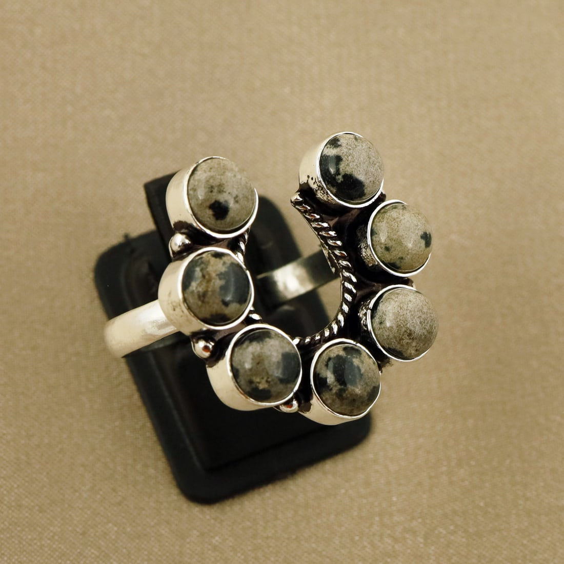 Natural Dalmatian Jasper Sterling Silver Plated Handmade Ring - 11MM: Product ID: 260808135201 Product - Handmade Silver Plated Ring Metal - 92.5 Sterling Silver Plated Ring Size - 11MM Gemstone - Dalmatian Jasper Gemstone Origin - Mexico Gemstone Size - 6MM ( 7 Stone )