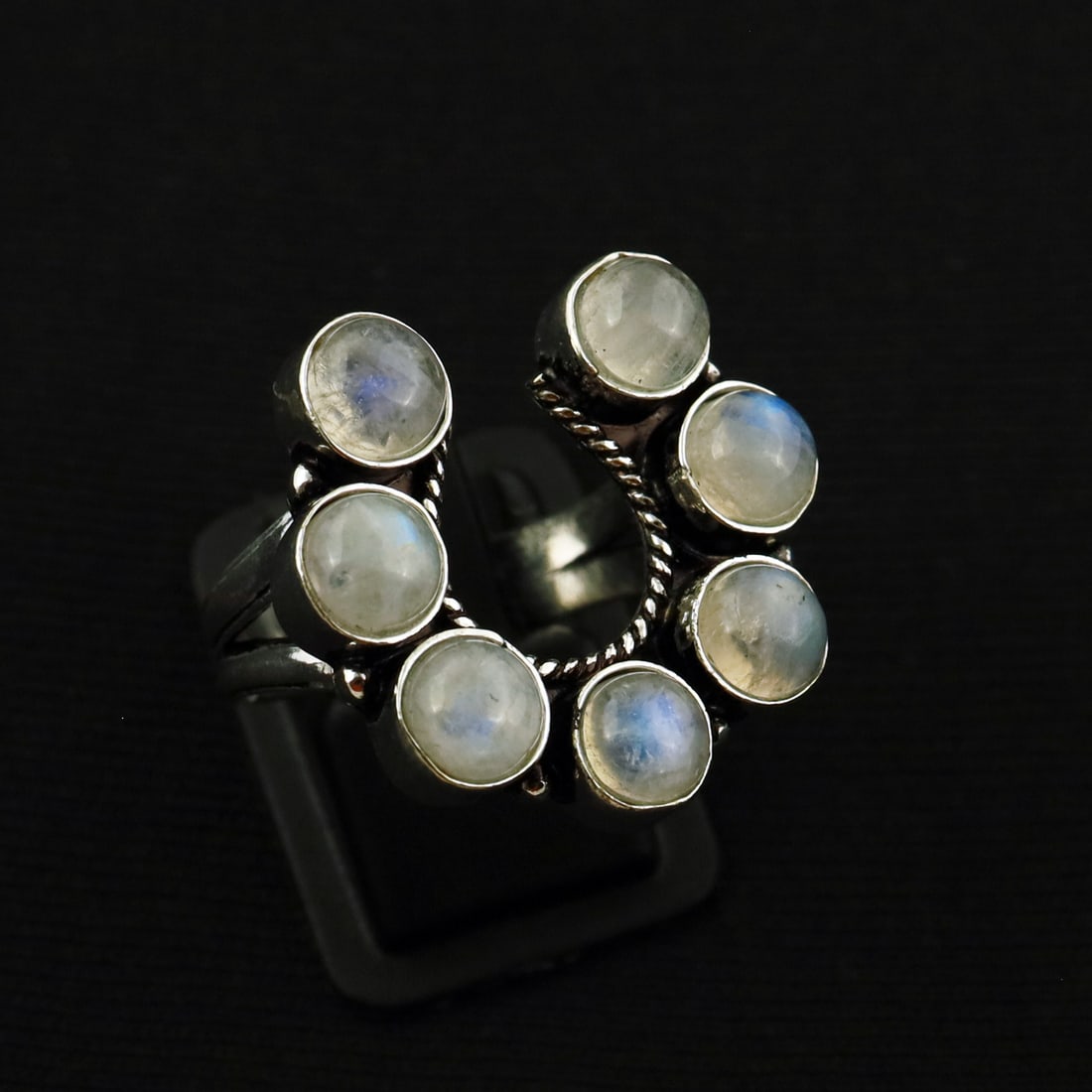 Natural Rainbow Moonstone Sterling Silver Plated Handmade Ring - 9MM: Product ID: 260808134155 Product - Handmade Silver Plated Ring Metal - 92.5 Sterling Silver Plated Ring Size - 9MM Gemstone - Rainbow Moonstone Gemstone Origin - India Gemstone Size - 6MM ( 7 Stone ) 
