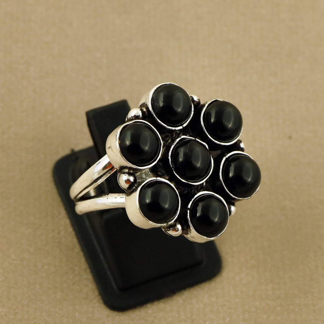 Natural Black Onyx Sterling Silver Plated Handmade Ring - 8MM: Product ID: 260808125608 Product - Handmade Silver Plated Ring Metal - 92.5 Sterling Silver Plated Ring Size - 8MM Gemstone - Black Onyx Gemstone Origin - India Gemstone Size - 6MM ( 7 Stone ) Gemston