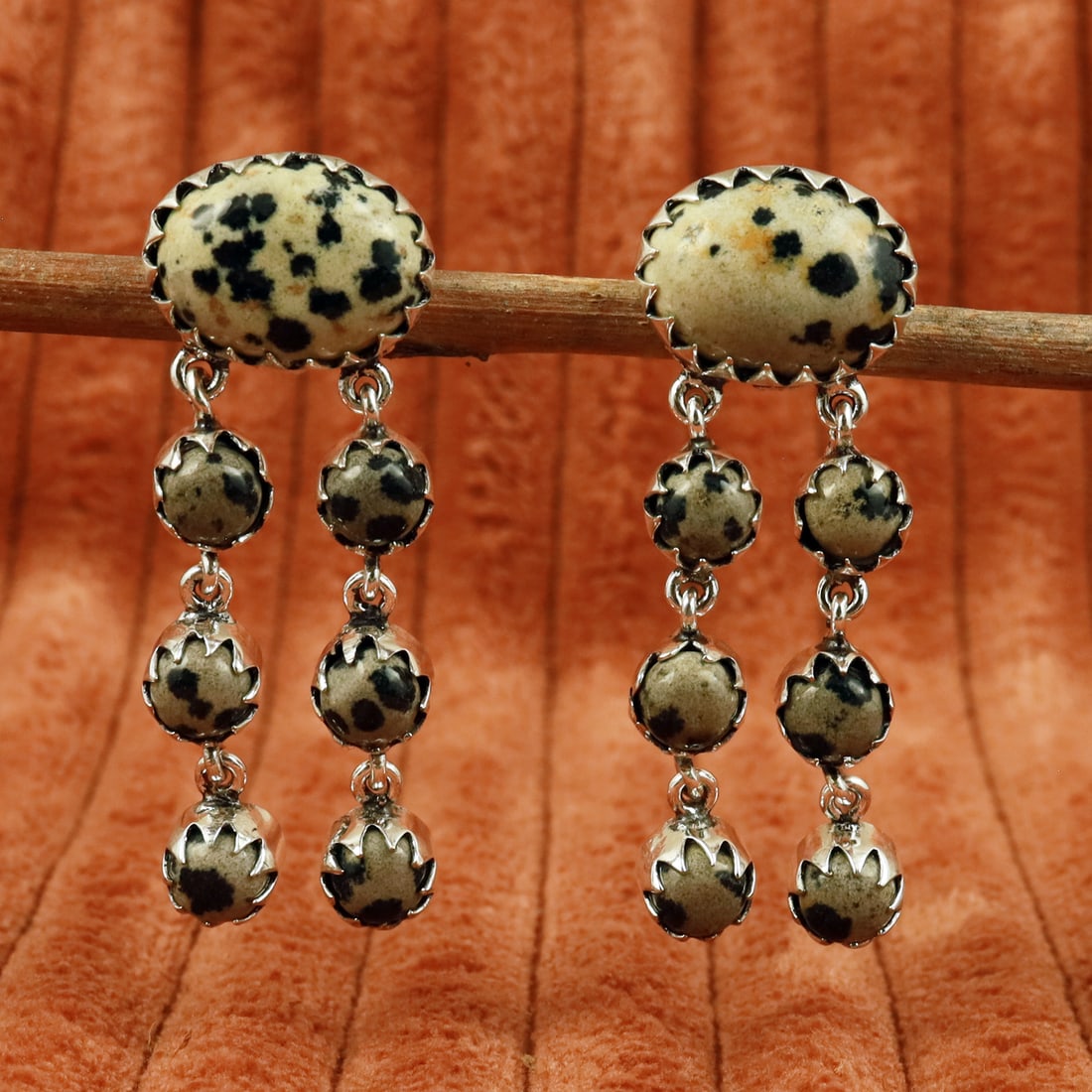 Natural Dalmatian Jasper Sterling Silver Plated Handmade Stud Earring: Product ID: 260710152031 Product - Handmade Silver Plated Stud Earring Metal - 92.5 Sterling Silver Plated Earring Type - Stud Gemstone - Dalmatian Jasper Gemstone Origin - Mexico Gemstone Size - 12X1