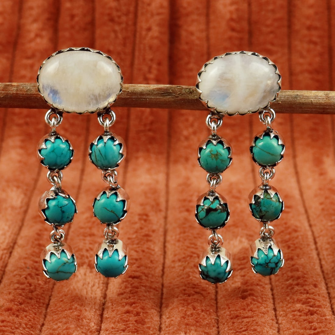 Natural Turquoise & Rainbow Moonstone Sterling Silver Plated Handmade Stud Earring: Product ID: 260710152328 Product - Handmade Silver Plated Stud Earring Metal - 92.5 Sterling Silver Plated Earring Type - Stud Gemstone - Turquoise & Rainbow Moonstone Gemstone Origin - Tibet & India 