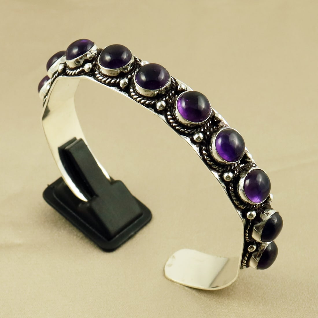 Natural 8MM Amethyst Sterling Silver Plated Handmade Cuff Bangle (1 of 5)