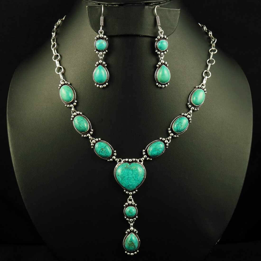 Natural Turquoise Silver Plated Handmade Necklace With Stud Earring: Product ID: 260709132921 Product - Handmade Silver Plated Necklace With Earring Metal - 92.5 Sterling Silver Plated Necklace Length - 18 Inch Gemstone - Turquoise Gemstone Size - 2X2 CM ( 1 Stone ) 8M