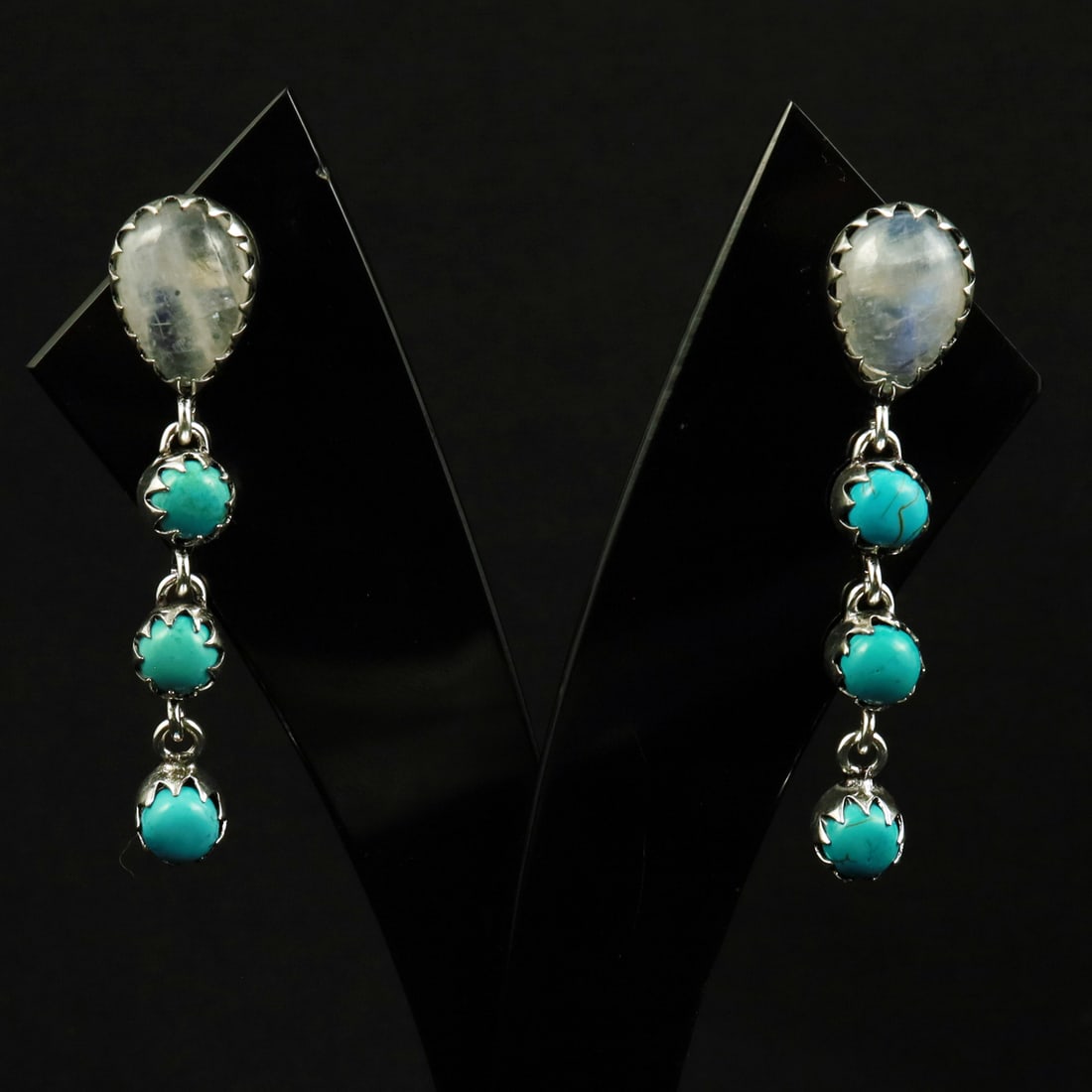 Natural Turquoise & Rainbow Moonstone Sterling Silver Plated Handmade Stud Earring: Product ID: 260708162640 Product - Handmade Silver Plated Stud Earring Metal - 92.5 Sterling Silver Plated Earring Type - Stud Gemstone - Turquoise & Rainbow Moonstone Gemstone Origin - Tibet & India 