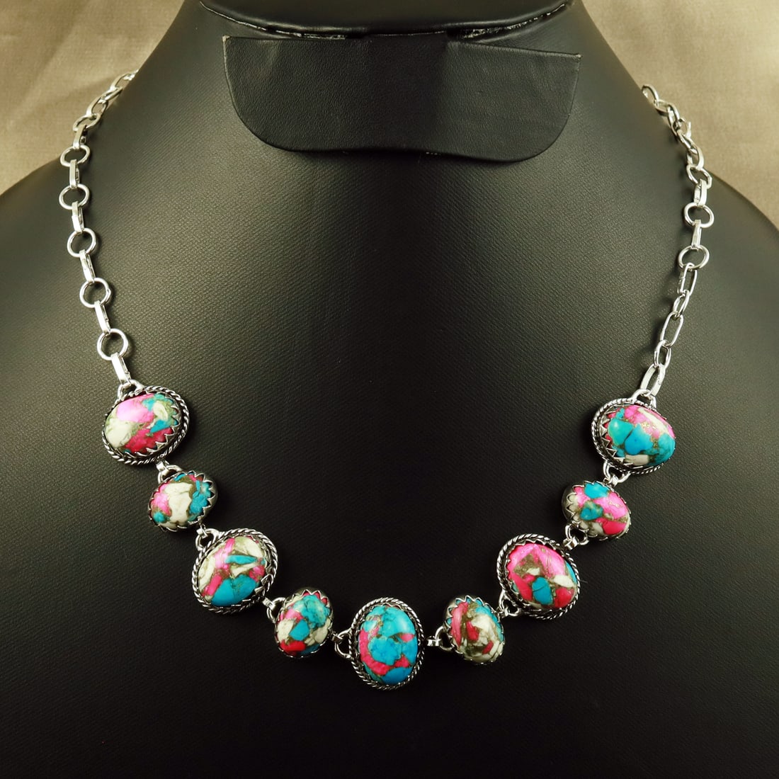 Natural Cotton Candy Sterling Silver Plated Handmade Choker Necklace: Product ID: 260708113840 Product - Handmade Silver Plated Necklace Metal - 92.5 Sterling Silver Plated Necklace Length - 18 Inch Gemstone - Cotton Candy Gemstone Size - 12X16 MM (5 Stone), 10X14 MM (4