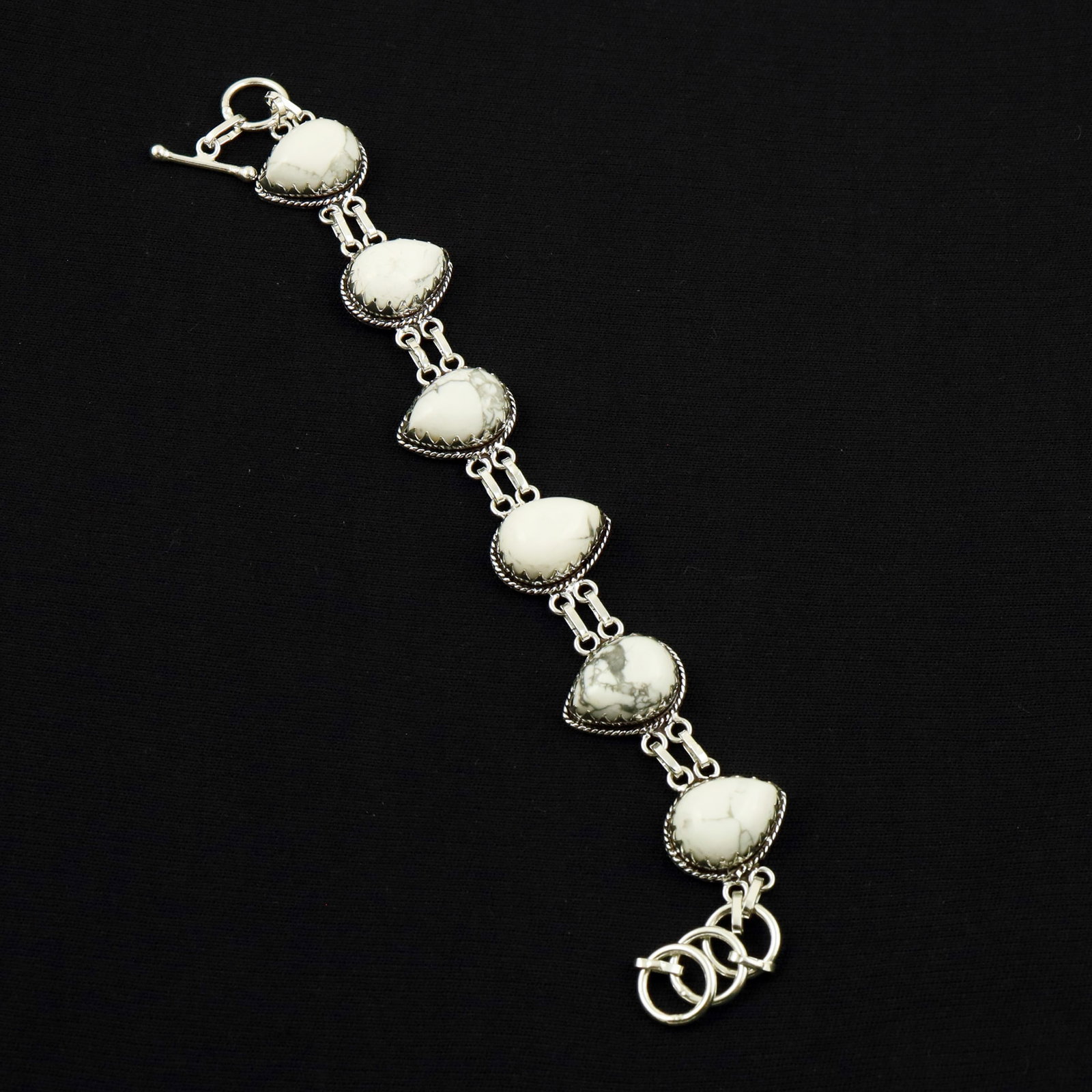 Natural Howlite Sterling Silver Plated Handmade Bracelet: Product ID: 260704123528 Product - Handmade Silver Plated Bracelet Metal - 92.5 Sterling Silver Plated Bracelet Length - 6 Inch + 2 Inch Gemstone - Howlite Gemstone Size -12X16 ( 6 Stone) Gemstone Ori