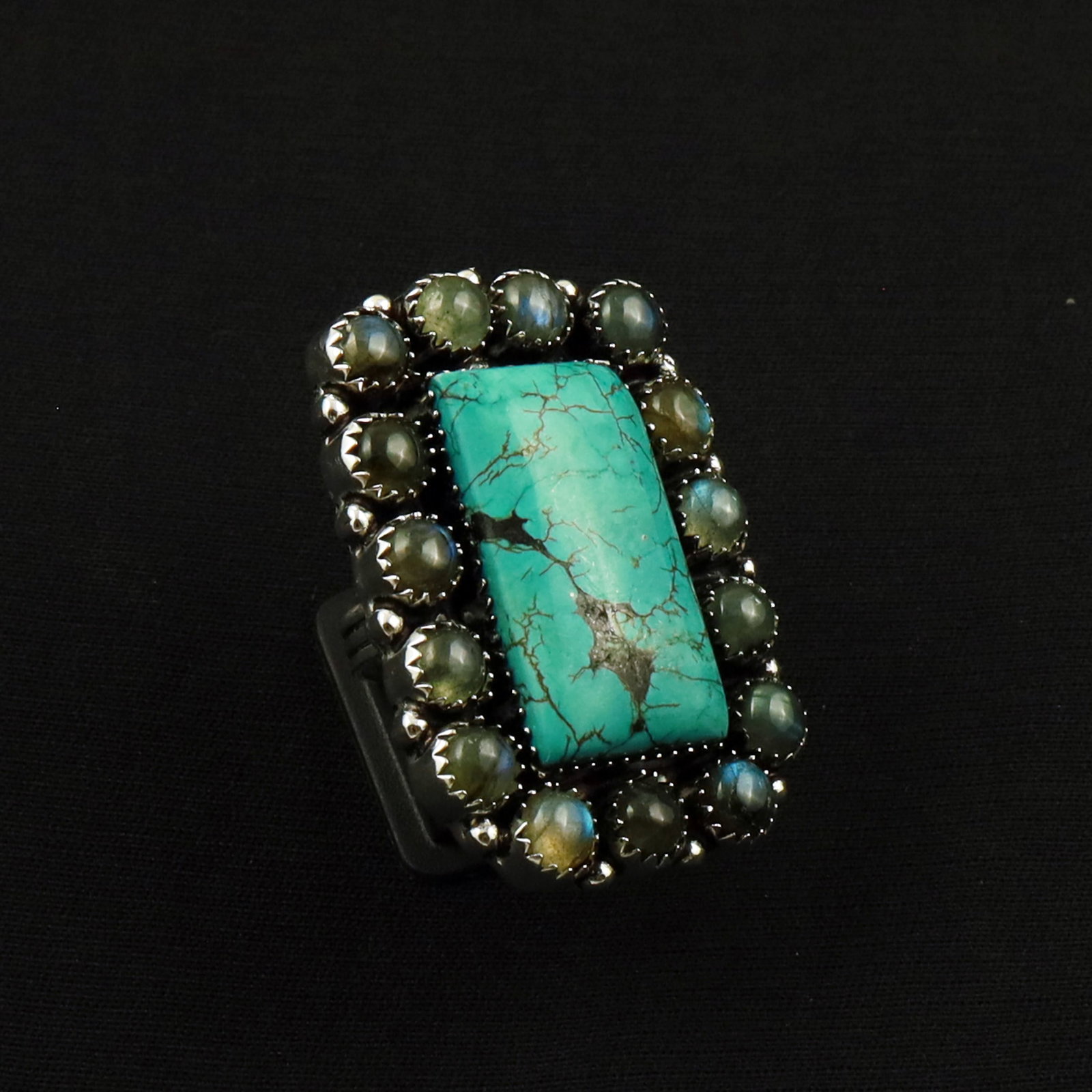 Natural Turquoise & Labradorite Sterling Silver Plated Handmade Ring - 8.5MM: Product ID: 260702114943 Product - Handmade Silver Plated Ring Metal - 92.5 Sterling Silver Plated Ring Size - 8.5MM Gemstone -Turquoise & Labradorite Gemstone Origin - Tibet & Canada Gemstone Size - 