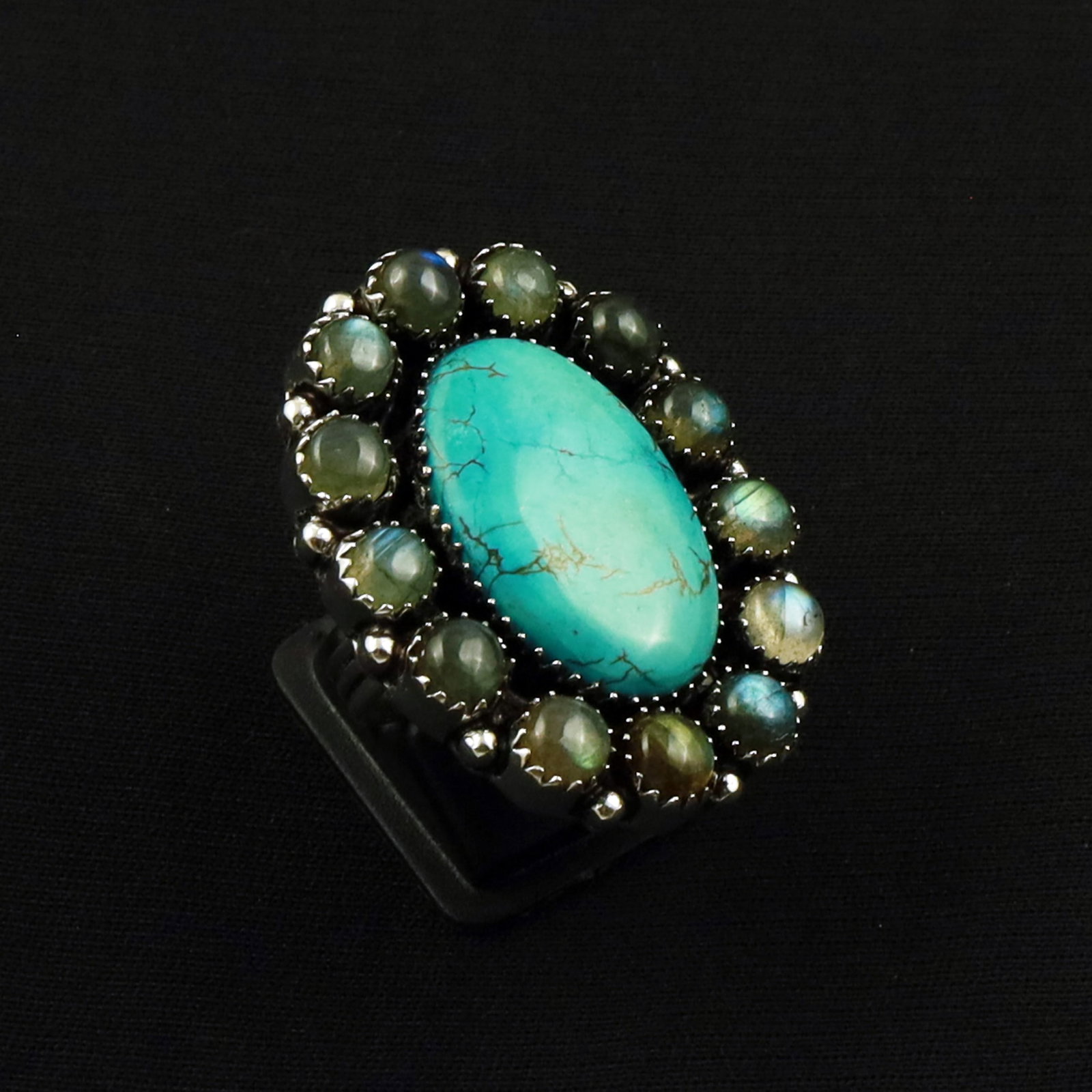 Natural Turquoise & Labradorite Sterling Silver Plated Handmade Ring - 8.5MM: Product ID: 260702114527 Product - Handmade Silver Plated Ring Metal - 92.5 Sterling Silver Plated Ring Size - 8.5MM Gemstone -Turquoise & Labradorite Gemstone Origin - Tibet & Canada Gemstone Size - 