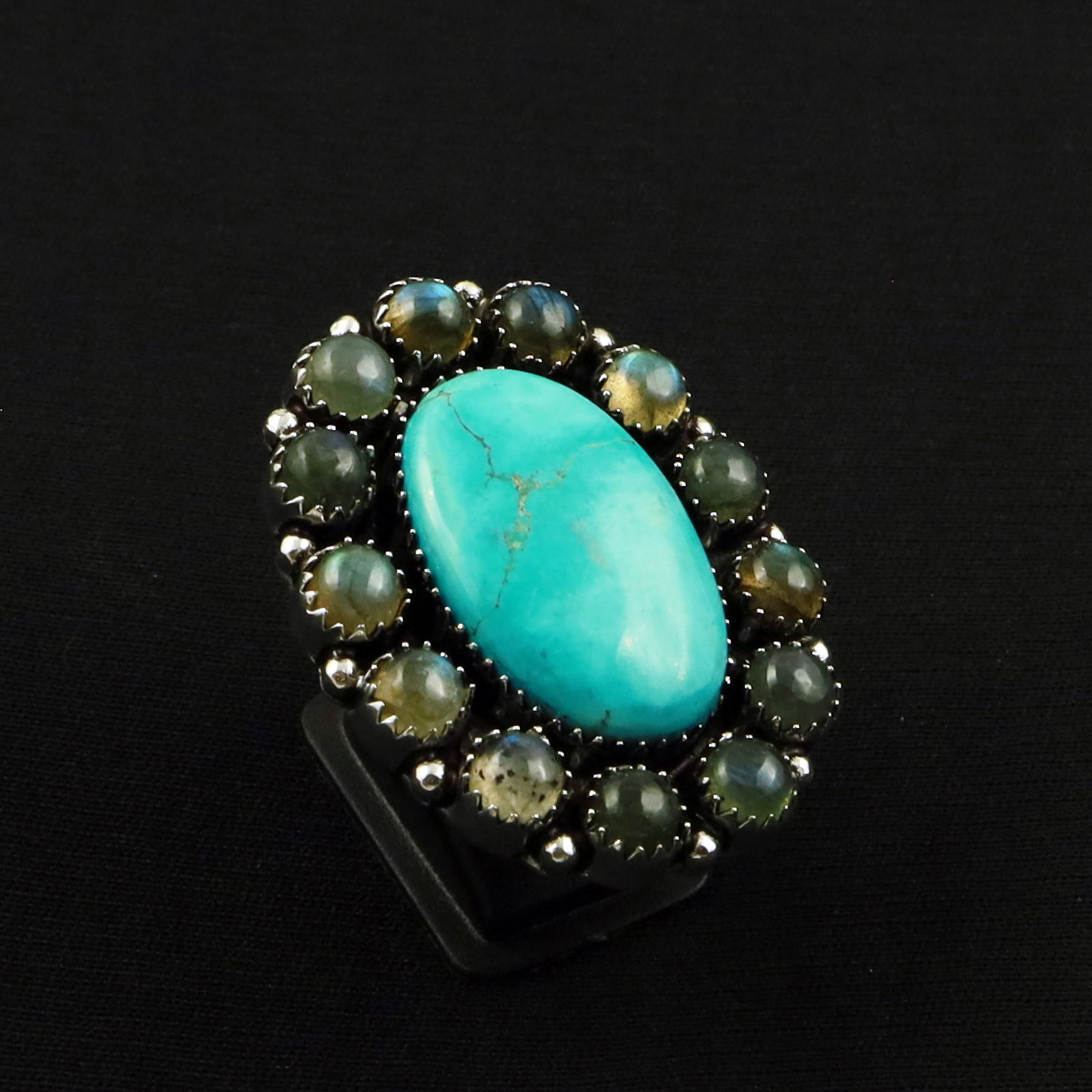 Natural Turquoise & Labradorite Sterling Silver Plated Handmade Ring - 9MM: Product ID: 260702114302 Product - Handmade Silver Plated Ring Metal - 92.5 Sterling Silver Plated Ring Size - 9MM Gemstone -Turquoise & Labradorite Gemstone Origin - Tibet & Canada Gemstone Size - 3X