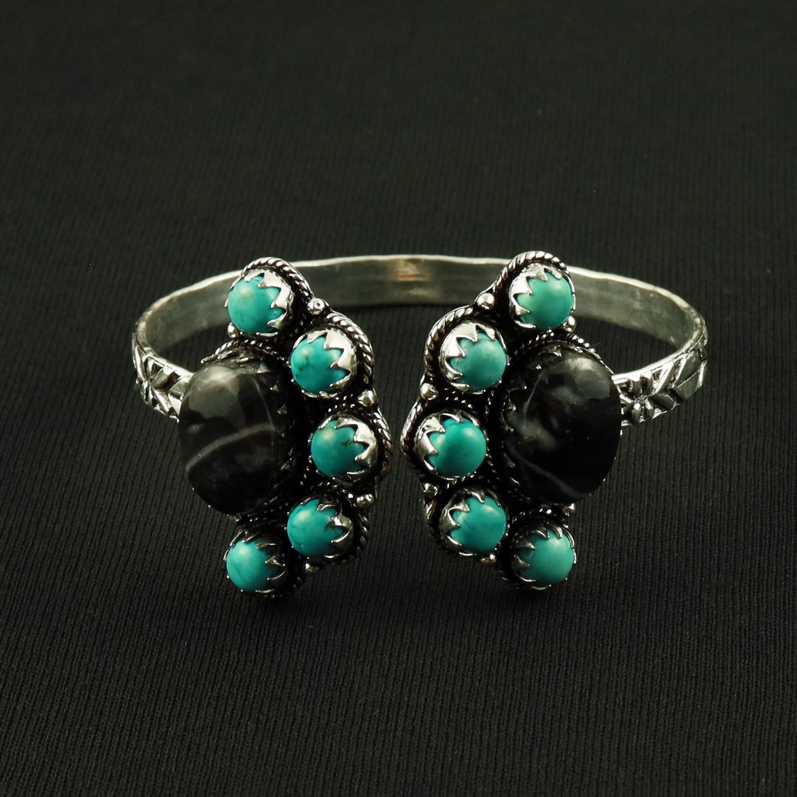Natural Zebra Jasper & Turquoise Sterling Silver Plated Handmade Cuff Bangle: Product ID: 260630171820 Product - Handmade Silver Plated Cuff Bangle Metal - 92.5 Sterling Silver Plated Bangle Size - 6.5x5 CM (Adjustable) Gemstone - Zebra Jasper & Turquoise Gemstone Origin - Afri