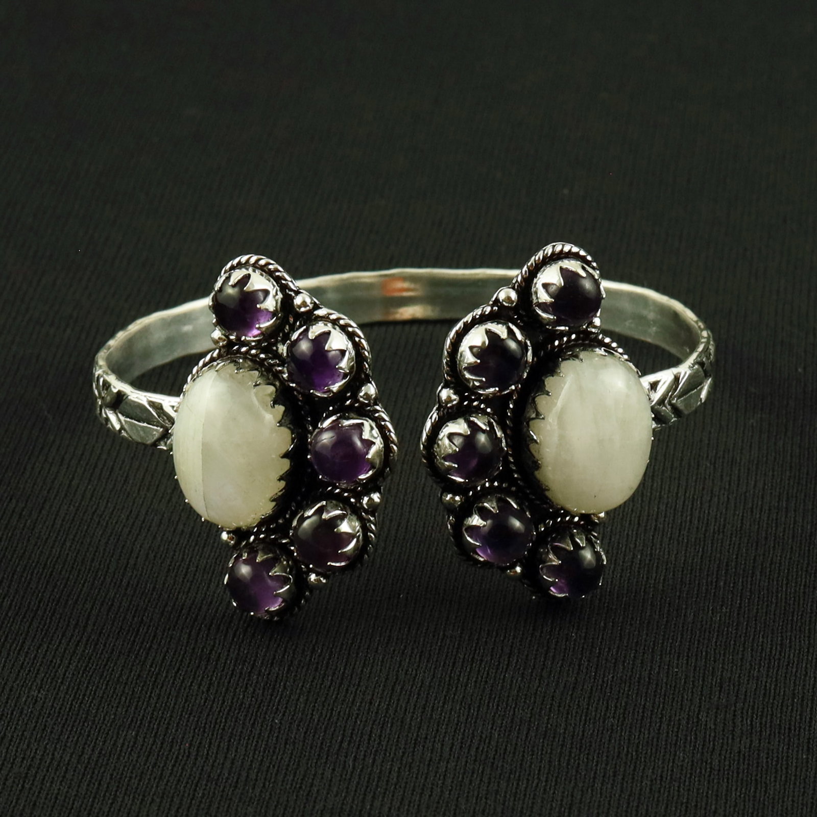 Natural Rainbow Moonstone & Amethyst Sterling Silver Plated Handmade Cuff Bangle: Product ID: 260630171727 Product - Handmade Silver Plated Cuff Bangle Metal - 92.5 Sterling Silver Plated Bangle Size - 6.5x5 CM (Adjustable) Gemstone - Rainbow Moonstone A Gemstone Origin - India & U