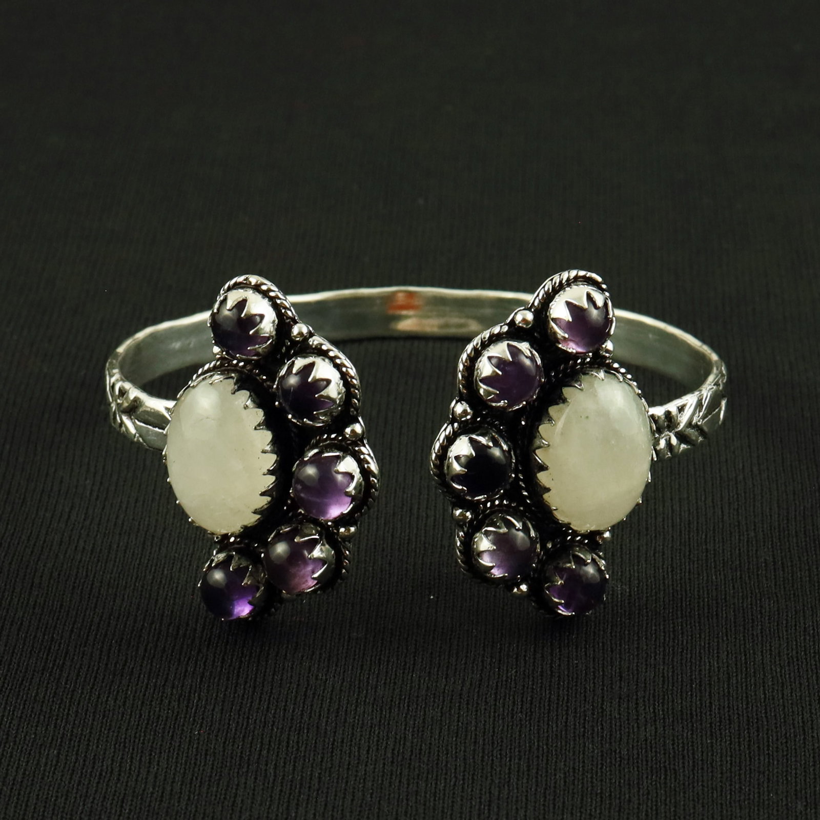 Natural Rainbow Moonstone & Amethyst Silver Plated Handmade Cuff Bangle: Product ID: 260630171510 Product - Handmade Silver Plated Cuff Bangle Metal - 92.5 Sterling Silver Plated Bangle Size - 6.5x5 CM (Adjustable) Gemstone - Rainbow Moonstone A Gemstone Origin - India & U