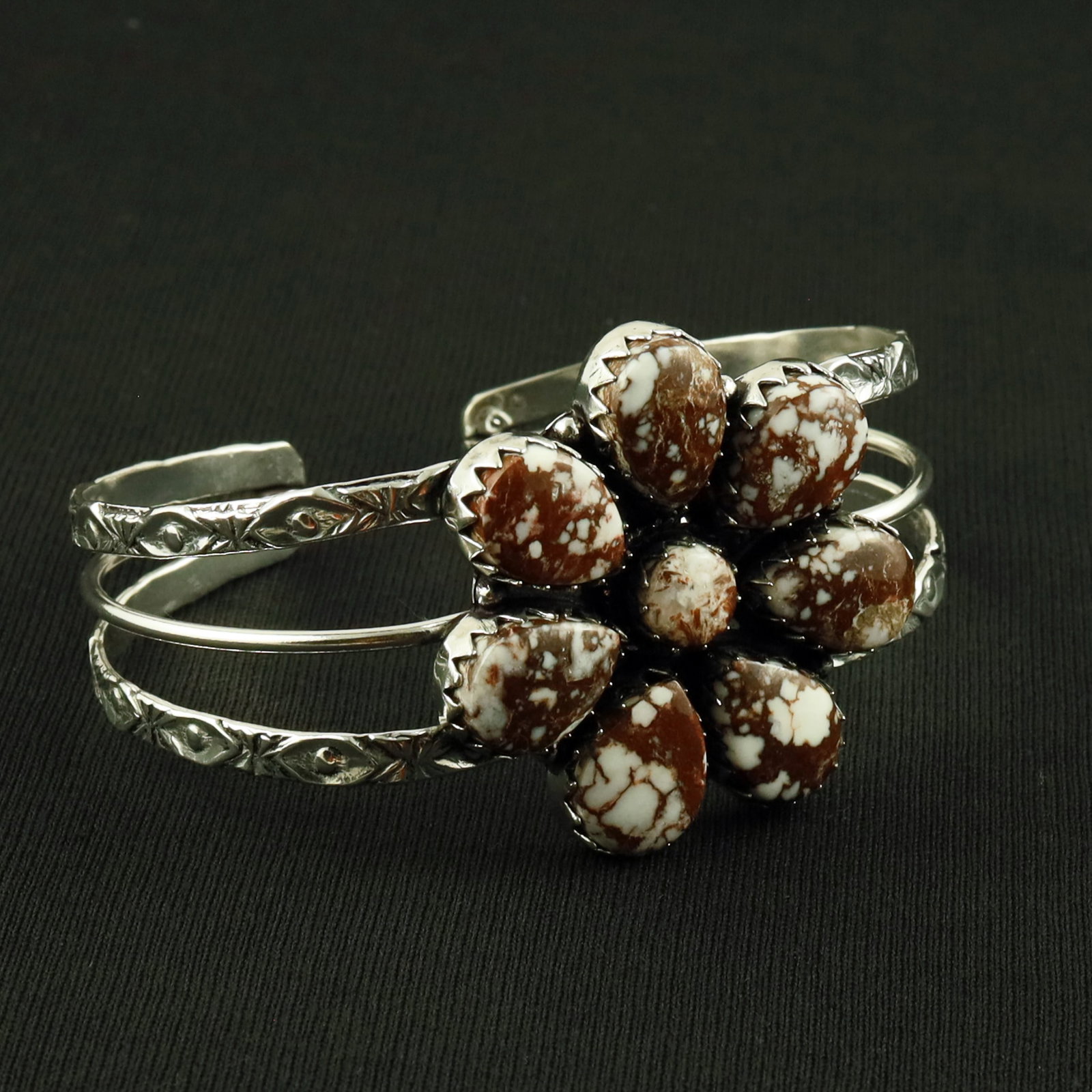 Natural Wild Horse Sterling Silver Plated Handmade Cuff Bangle: Product ID: 260630164433 Product - Handmade Silver Plated Cuff Bangle Metal - 92.5 Sterling Silver Plated Bangle Size - 7x5 CM (Adjustable) Gemstone - Wild Horse Gemstone Origin - United States Gemsto