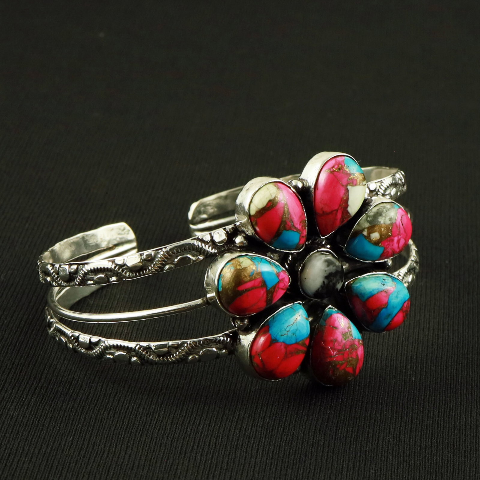 Natural Cotton Candy & Zebra Jasper Sterling Silver Plated Handmade Cuff Bangle: Product ID: 260630163815 Product - Handmade Silver Plated Cuff Bangle Metal - 92.5 Sterling Silver Plated Bangle Size - 7x5 CM (Adjustable) Gemstone - Cotton Candy & Zebra Jasper Gemstone Origin - Uni