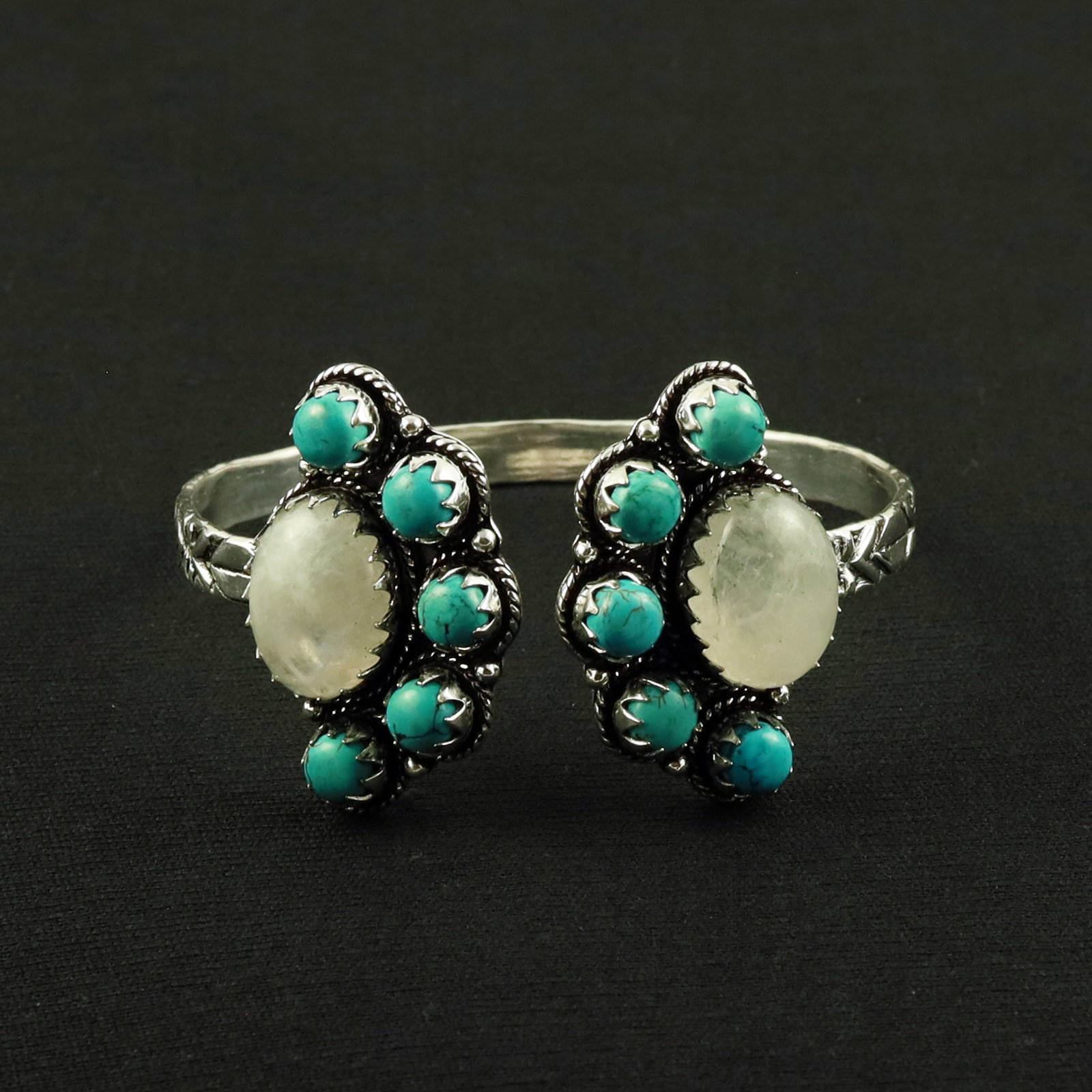 Natural Turquoise & Rainbow Moonstone Silver Plated Handmade Cuff Bangle (1 of 4)