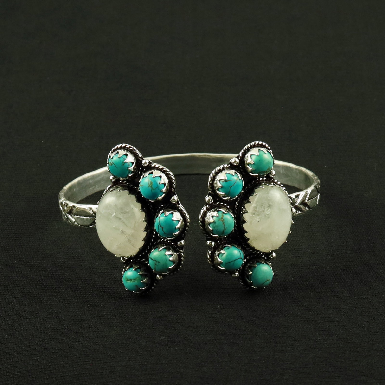 Natural Turquoise & Rainbow Moonstone Silver Plated Handmade Cuff Bangle: Product ID: 260620152627 Product - Handmade Silver Plated Cuff Bangle Metal - 92.5 Sterling Silver Plated Bangle Size - 6x5 CM (Adjustable) Gemstone - Turquoise & Rainbow Moonstone Gemstone Origin - T