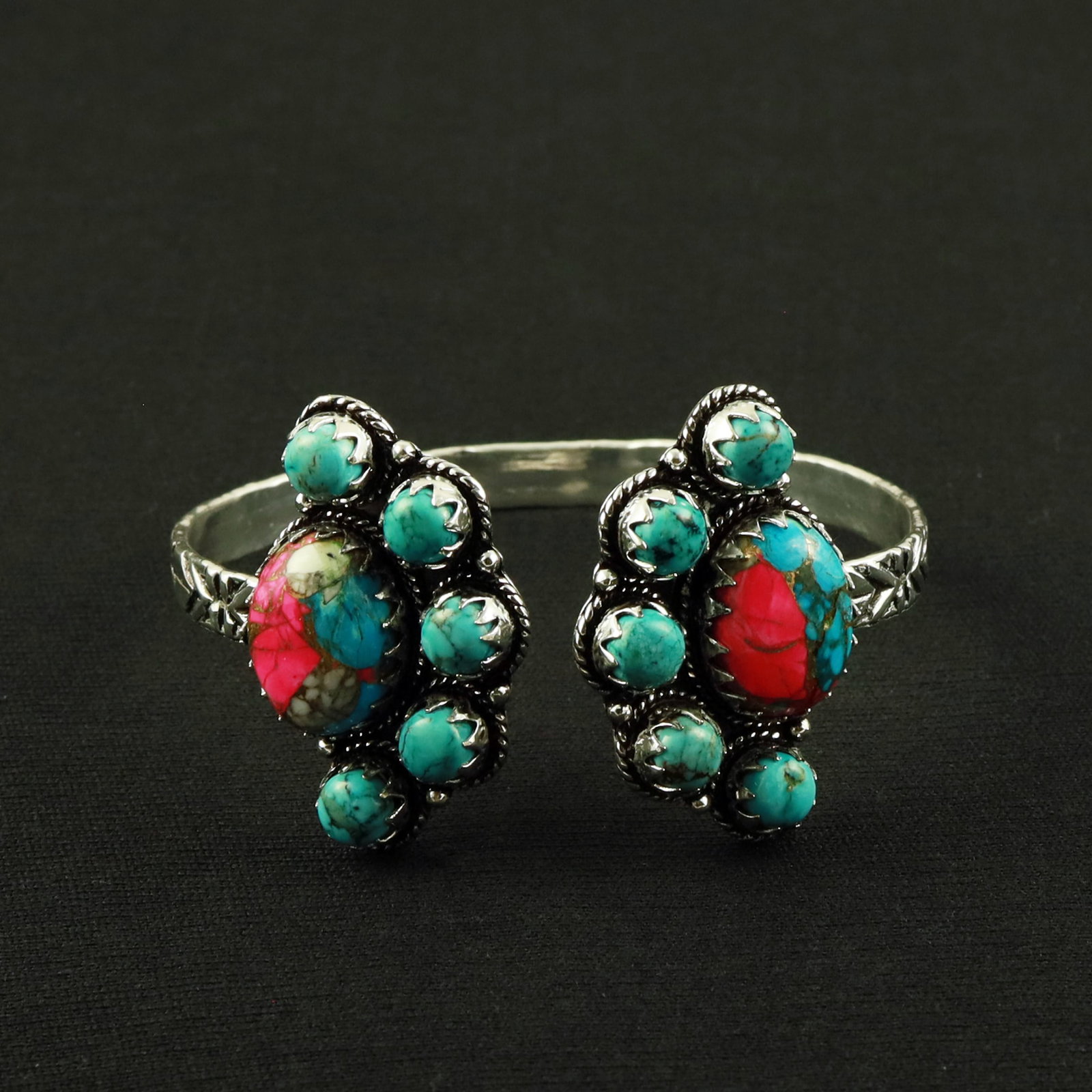 Natural Turquoise & Cotton Candy Silver Plated Handmade Cuff Bangle: Product ID: 260620152222 Product - Handmade Silver Plated Cuff Bangle Metal - 92.5 Sterling Silver Plated Bangle Size - 6x5 CM (Adjustable) Gemstone - Turquoise & Cotton Candy Gemstone Origin - Tibet 