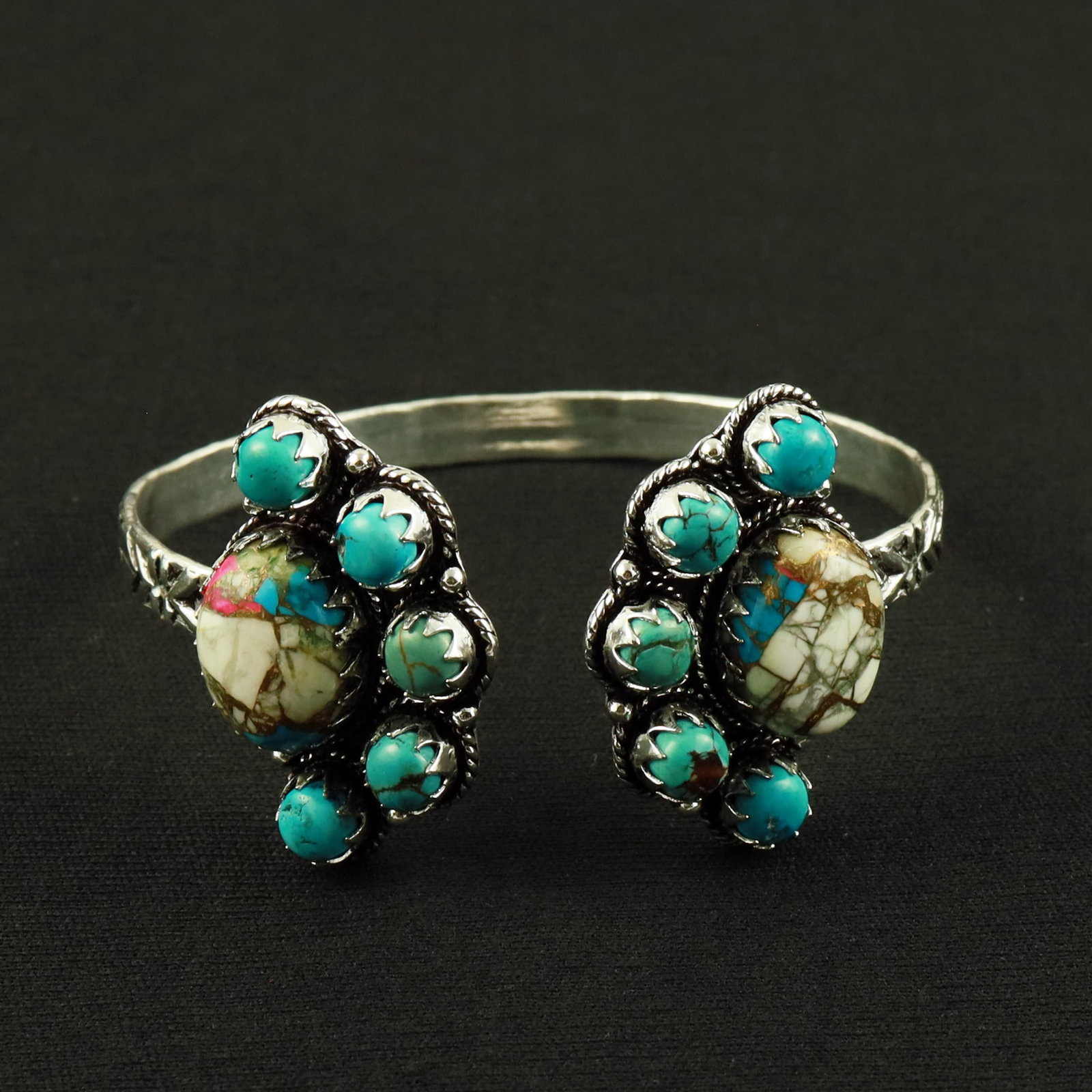 Natural Turquoise & Cotton Candy Silver Plated Handmade Cuff Bangle: Product ID: 260620151918 Product - Handmade Silver Plated Cuff Bangle Metal - 92.5 Sterling Silver Plated Bangle Size - 6.5x5.5 CM (Adjustable) Gemstone - Turquoise & Cotton Candy Gemstone Origin - Ti