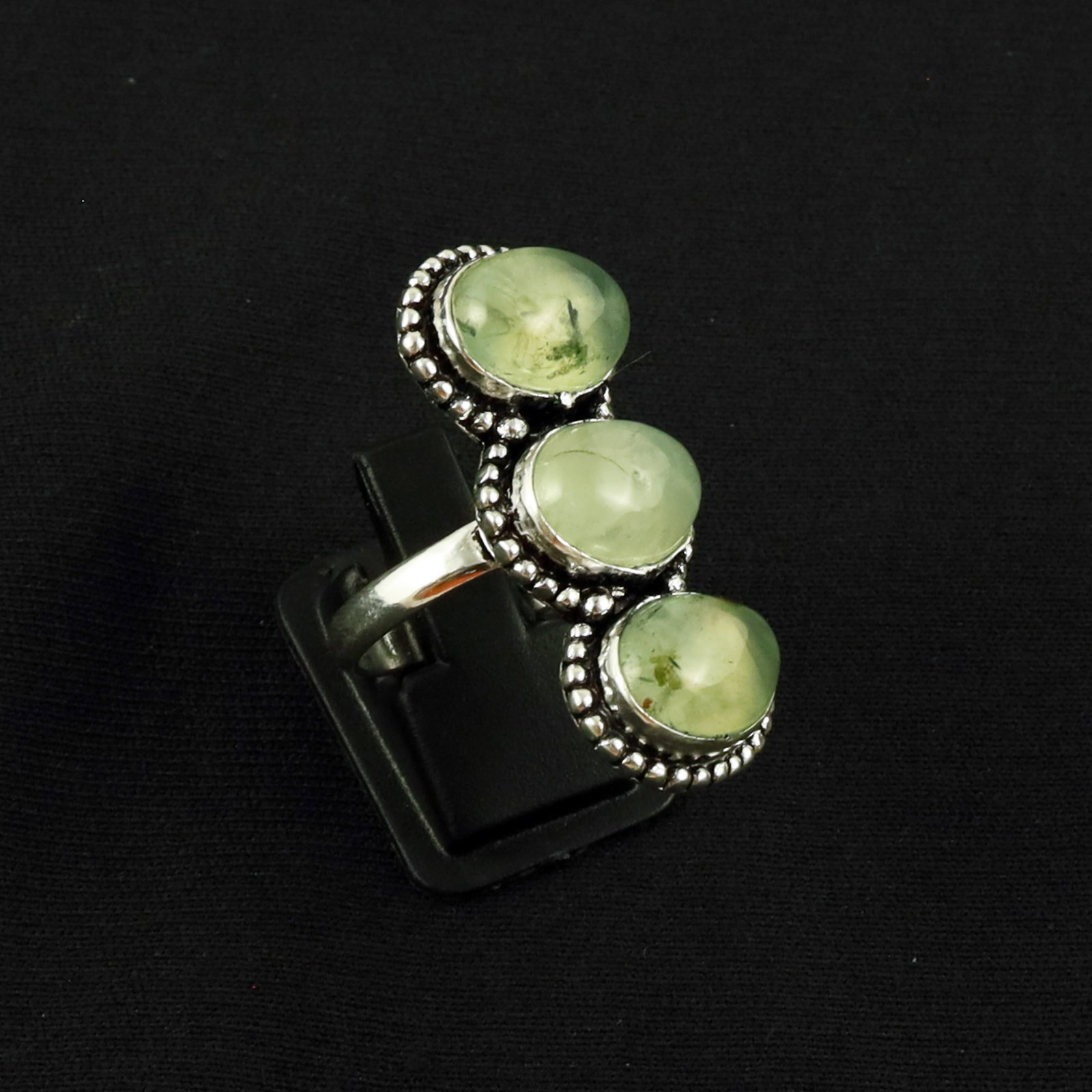 Natural Prehnite Sterling Silver Plated Handmade Ring - 9.5MM: Product ID: 260620133740 Product - Handmade Silver Plated Ring Metal - 92.5 Sterling Silver Plated Ring Size - 9.5MM Gemstone - Prehnite Gemstone Origin - South Africa Gemstone Size - 10X14 MM ( 3 Sto
