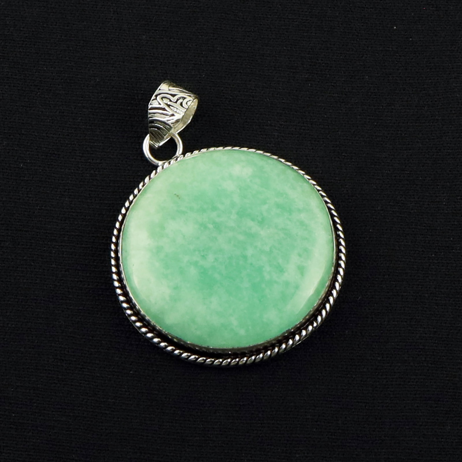 Natural Amazonite Sterling Silver Plated Handmade Pendant: Product ID: 260619171305 Product - Handmade Silver Plated Pendant Metal - 92.5 Sterling Silver Plated Pendant Size - 3 CM Gemstone - Amazonite Gemstone Origin - Brazil Gemstone Shape - Round Pendant W