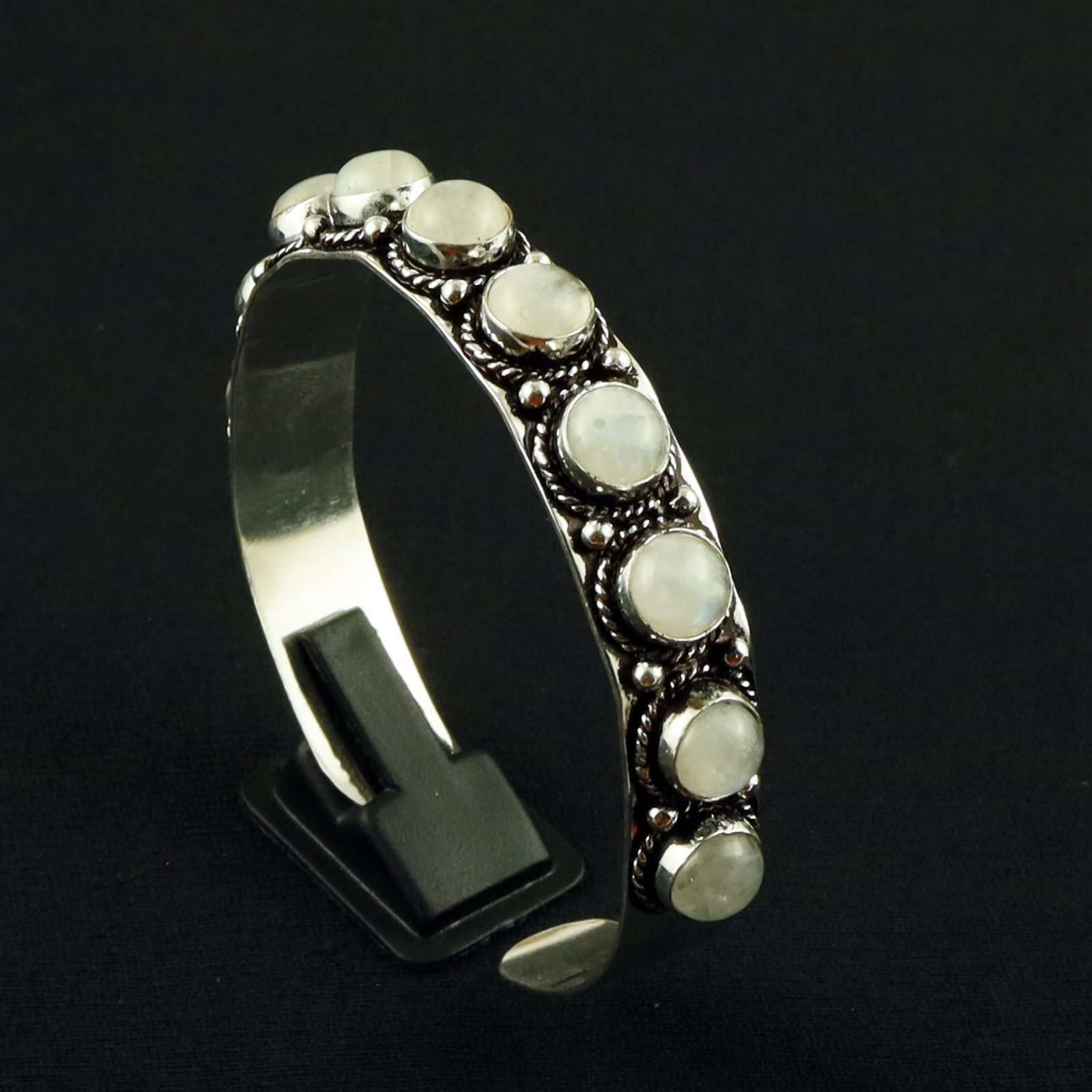 Natural Rainbow Moonstone Silver Plated Handmade Cuff Bangle: Product ID: 260618145923 Product - Handmade Silver Plated Cuff Bangle Metal - 92.5 Sterling Silver Plated Bangle Size - 6x5.5 CM (Adjustable) Gemstone - Rainbow Moonstone Gemstone Origin - India Gemst