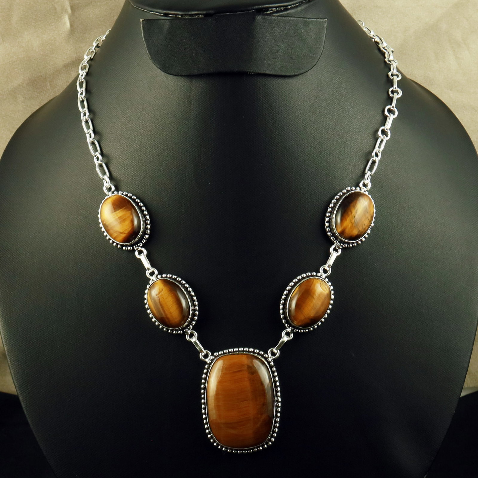 Natural Tiger Eye Sterling Silver Plated Handmade Necklace: Product ID: 260618105435 Product - Handmade Silver Plated Necklace Metal - 92.5 Sterling Silver Plated Necklace Length - 18 Inch Gemstone - Tiger Eye Gemstone Size - 2X1.5 CM (4 Stone), 4X2.5 CM (1 St
