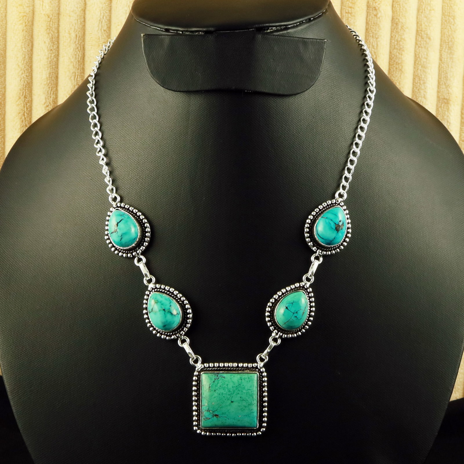 Natural Turquoise Sterling Silver Plated Handmade Necklace: Product ID: 260616121050 Product - Handmade Silver Plated Necklace Metal - 92.5 Sterling Silver Plated Necklace Length - 18 Inch Gemstone - Turquoise Gemstone Size - 12X16 MM (4 Stone), 2.5X2.5 CM (1 