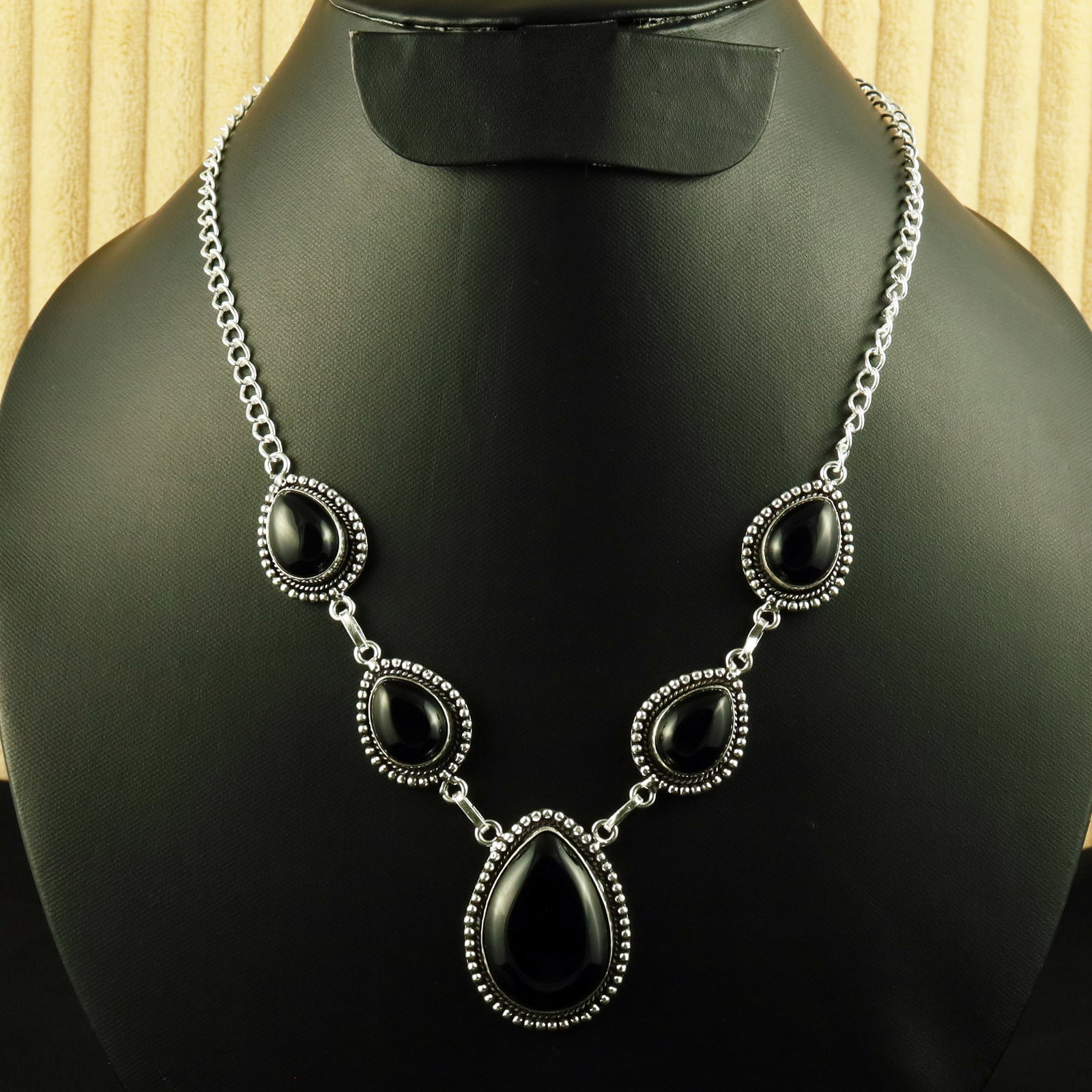 Natural Black Onyx Sterling Silver Plated Handmade Necklace: Product ID: 260616120217 Product - Handmade Silver Plated Necklace Metal - 92.5 Sterling Silver Plated Necklace Length - 18 Inch Gemstone - Black Onyx Gemstone Size - 12X16 MM (4 Stone), 3X2 CM (1 Sto