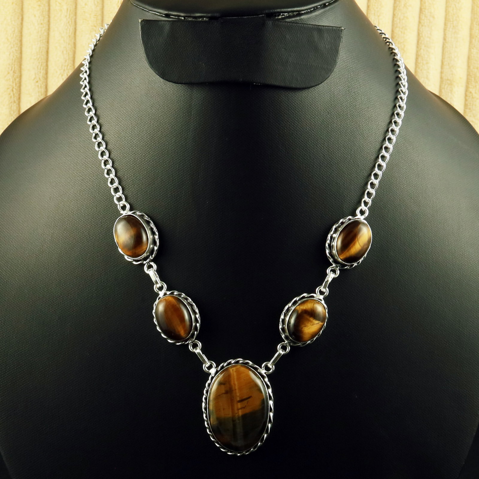 Natural Tiger Eye Sterling Silver Plated Handmade Necklace: Product ID: 260616115803 Product - Handmade Silver Plated Necklace Metal - 92.5 Sterling Silver Plated Necklace Length - 18 Inch Gemstone - Tiger Eye Gemstone Size - 12X16 MM (4 Stone), 3X2 CM (1 Ston