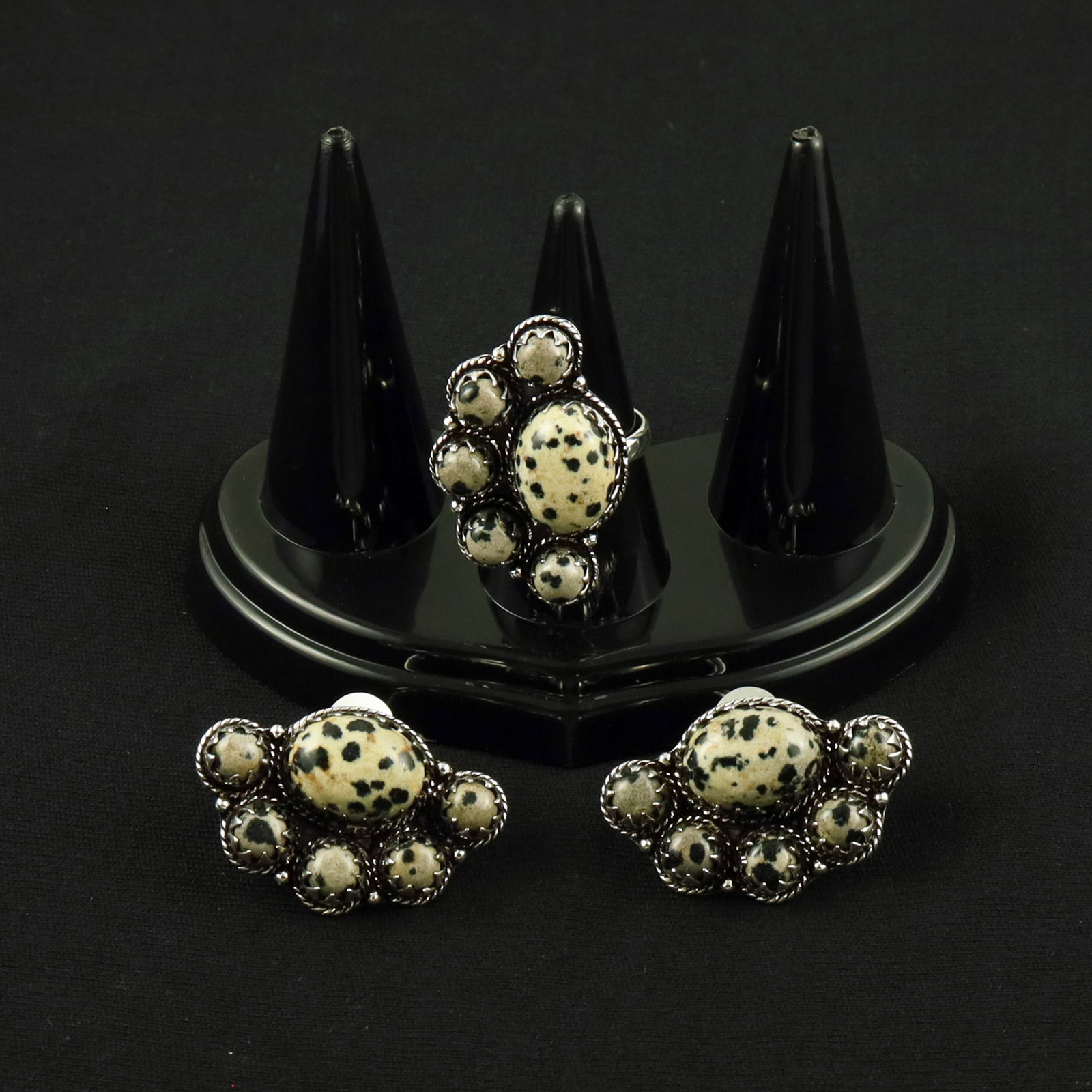 Natural Dalmatian Jasper Silver Plated Handmade Ring - 6.5MM With Stud Earring: Product ID: 260615125918 Product - Handmade Silver Plated Ring With Stud Earring Metal - 92.5 Sterling Silver Plated Earring Type - Stud Ring Size - 6.5MM Gemstone - Dalmatian Jasper Gemstone Origin -