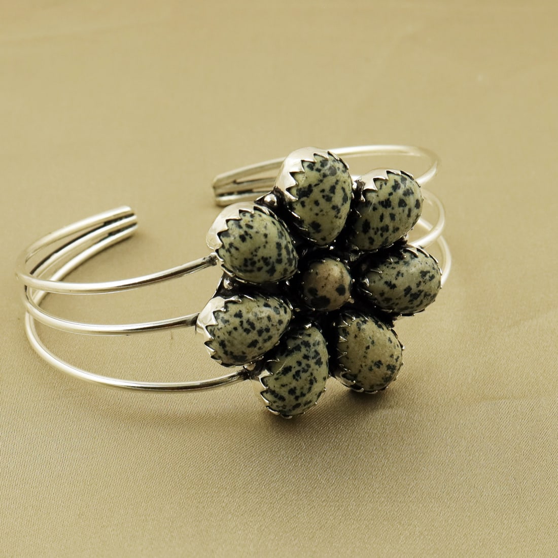 Natural Dalmatian Jasper Sterling Silver Plated Handmade Cuff Bangle: Product ID: 260819181642 Product - Handmade Silver Plated Cuff Bangle Metal - 92.5 Sterling Silver Plated Bangle Size - 7x5 CM (Adjustable) Gemstone - Dalmatian Jasper Gemstone Origin - Mexico Gemston