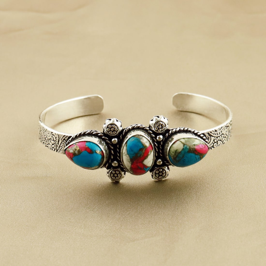Natural Cotton Candy Sterling Silver Plated Handmade Cuff Bangle: Product ID: 260807165053 Product - Handmade Silver Plated Cuff Bangle Metal - 92.5 Sterling Silver Plated Bangle Size - 7x5 CM (Adjustable) Gemstone - Cotton Candy Gemstone Origin - United States Gems