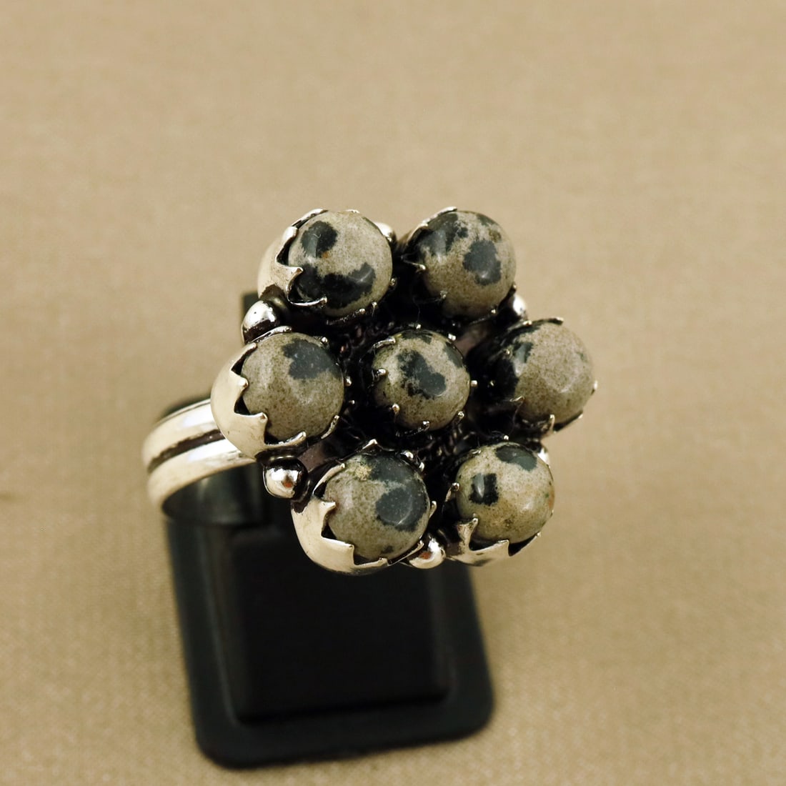 Natural Dalmatian Jasper Sterling Silver Plated Handmade Ring - 8MM ( Adjustable ): Product ID: 260808124152 Product - Handmade Silver Plated Ring Metal - 92.5 Sterling Silver Plated Ring Size - 8MM ( Adjustable ) Gemstone - Dalmatian Jasper Gemstone Origin - Mexico Gemstone Size - 6