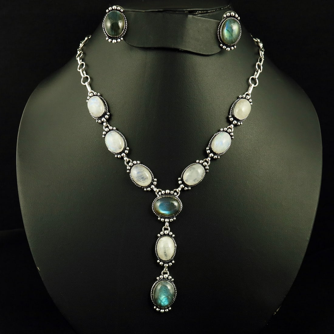 Natural Rainbow Moonstone & Labradorite Silver Plated Handmade Necklace With Stud Earring: Product ID: 260807143852 Product - Handmade Silver Plated Necklace With Earring Metal - 92.5 Sterling Silver Plated Necklace Length - 18 Inch Gemstone - Rainbow Moonstone & Labradorite Gemstone Origin