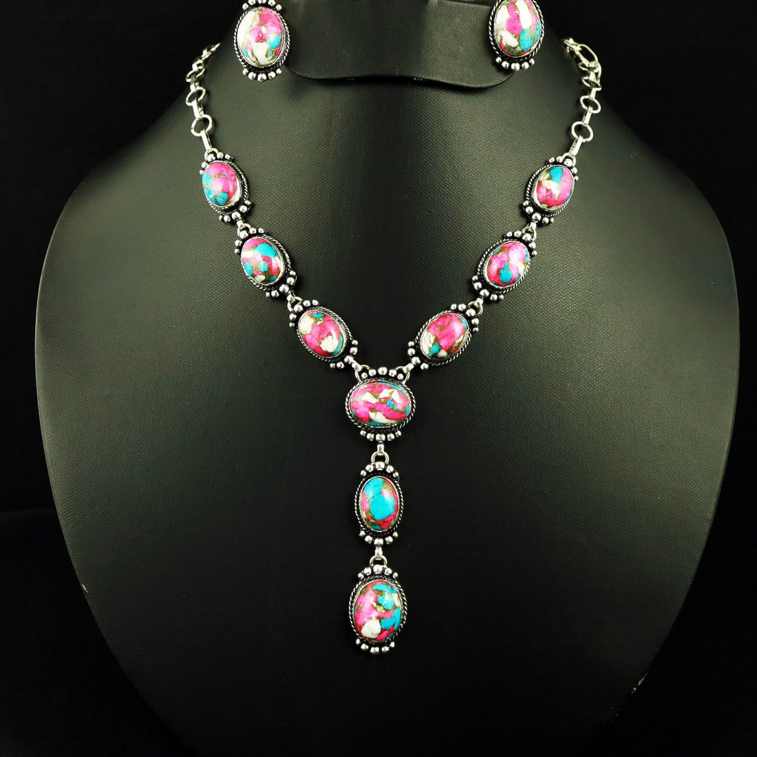 Natural Cotton Candy Sterling Silver Plated Handmade Necklace With Stud Earring: Product ID: 260807144154 Product - Handmade Silver Plated Necklace With Earring Metal - 92.5 Sterling Silver Plated Necklace Length - 18 Inch Gemstone - Cotton Candy Gemstone Origin - United States Ge
