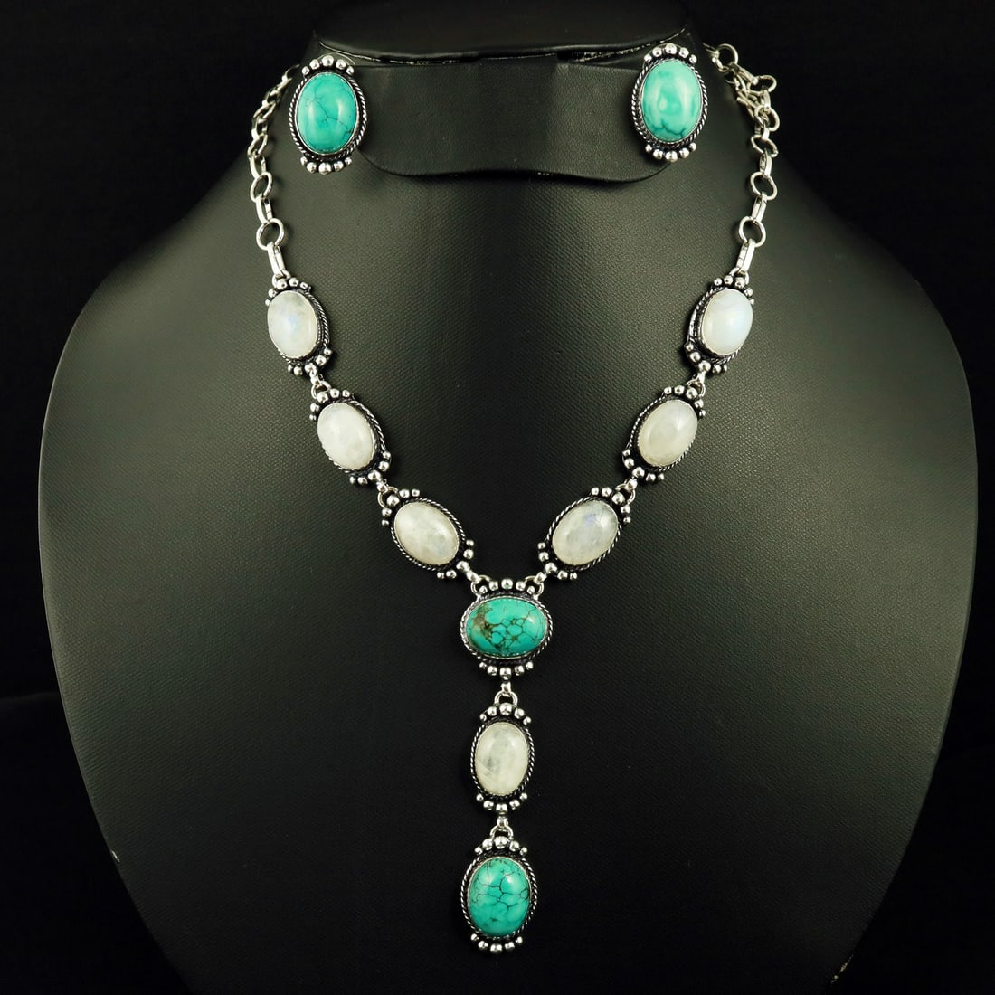 Natural Rainbow Moonstone & Turquoise Silver Plated Handmade Necklace With Stud Earring: Product ID: 260807143225 Product - Handmade Silver Plated Necklace With Earring Metal - 92.5 Sterling Silver Plated Necklace Length - 18 Inch Gemstone - Rainbow Moonstone & Turquoise Gemstone Origin -