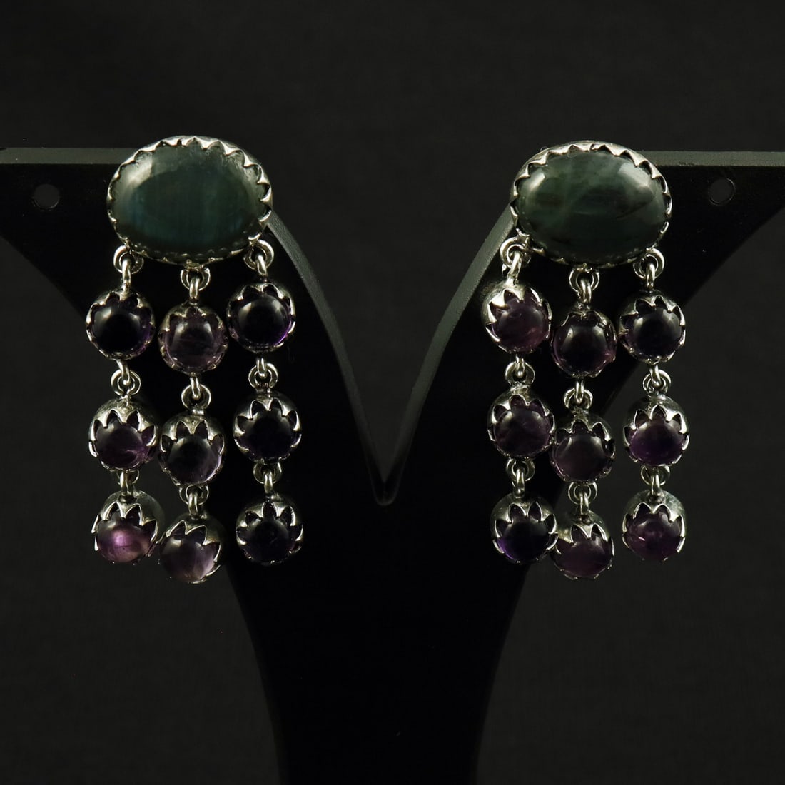 Natural Amethyst & Labradorite Sterling Silver Plated Handmade Stud Earring: Product ID: 260712122004 Product - Handmade Silver Plated Stud Earring Metal - 92.5 Sterling Silver Plated Earring Type - Stud Gemstone - Labradorite & Amethyst Gemstone Origin - Canada & Africa Gemst