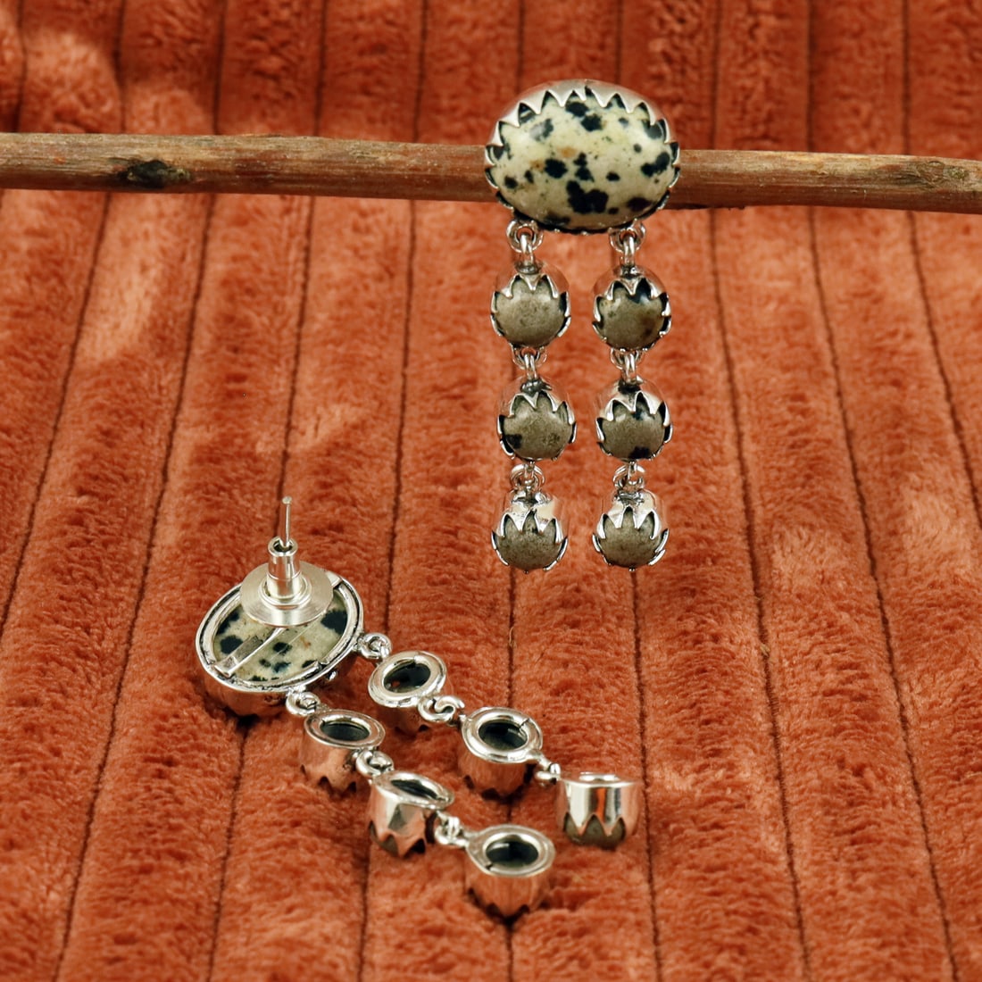 Natural Dalmatian Jasper Sterling Silver Plated Handmade Stud Earring: Product ID: 260710171410 Product - Handmade Silver Plated Stud Earring Metal - 92.5 Sterling Silver Plated Earring Type - Stud Gemstone - Dalmatian Jasper Gemstone Origin - Mexico Gemstone Size - 12X1
