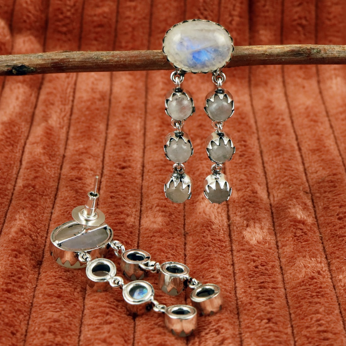Natural Rainbow Moonstone Sterling Silver Plated Handmade Stud Earring: Product ID: 260710152617 Product - Handmade Silver Plated Stud Earring Metal - 92.5 Sterling Silver Plated Earring Type - Stud Gemstone - Rainbow Moonstone Gemstone Origin - India Gemstone Size - 12X1