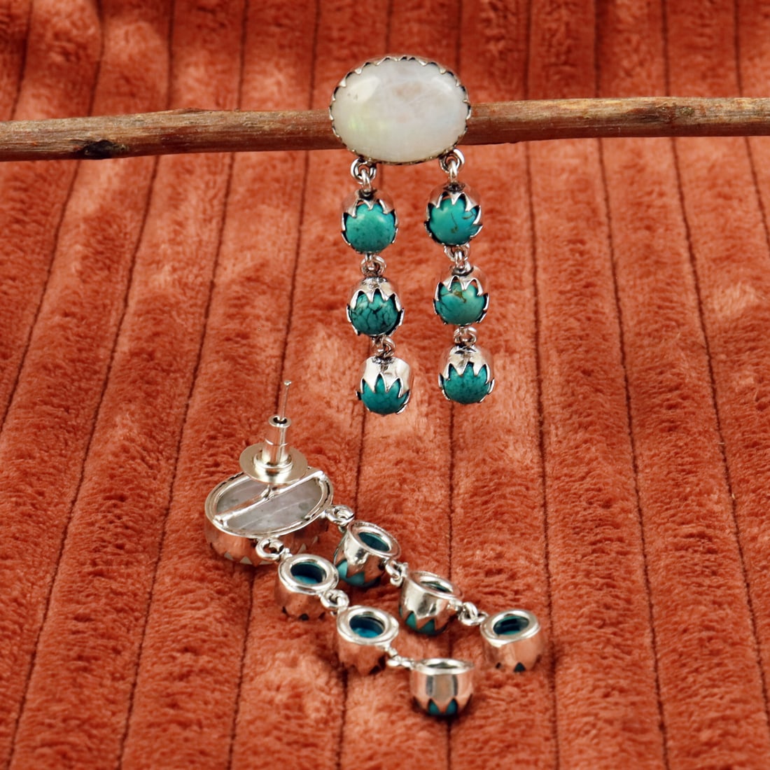 Natural Turquoise & Rainbow Moonstone Sterling Silver Plated Handmade Stud Earring: Product ID: 260710152439 Product - Handmade Silver Plated Stud Earring Metal - 92.5 Sterling Silver Plated Earring Type - Stud Gemstone - Turquoise & Rainbow Moonstone Gemstone Origin - Tibet & India 