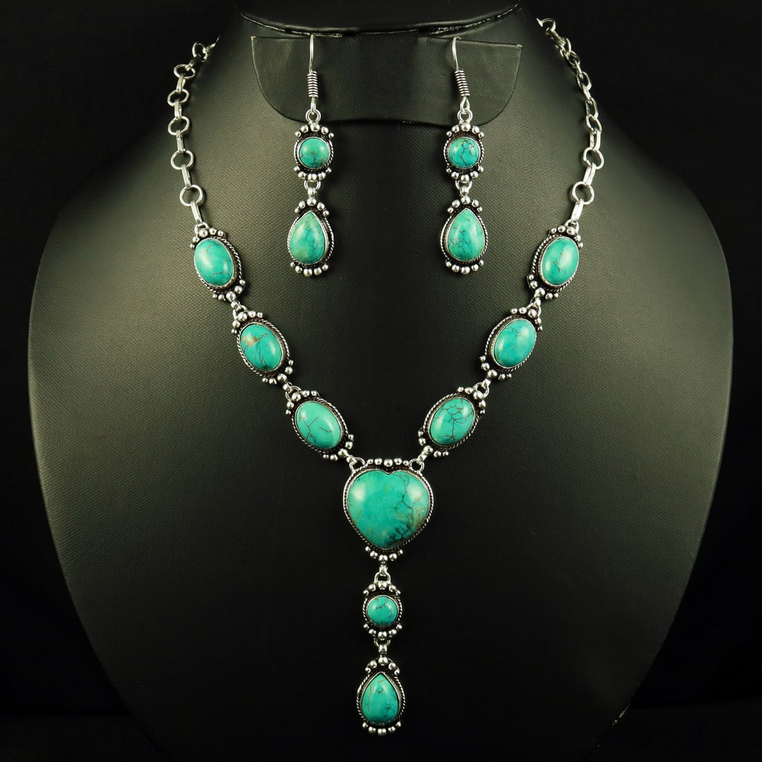Natural Turquoise Sterling Silver Plated Handmade Necklace With Earring: Product ID: 260709132745 Product - Handmade Silver Plated Necklace With Stud Earring Metal - 92.5 Sterling Silver Plated Necklace Length - 18 Inch Gemstone - Turquoise Gemstone Size - 2X2 CM ( 1 Stone