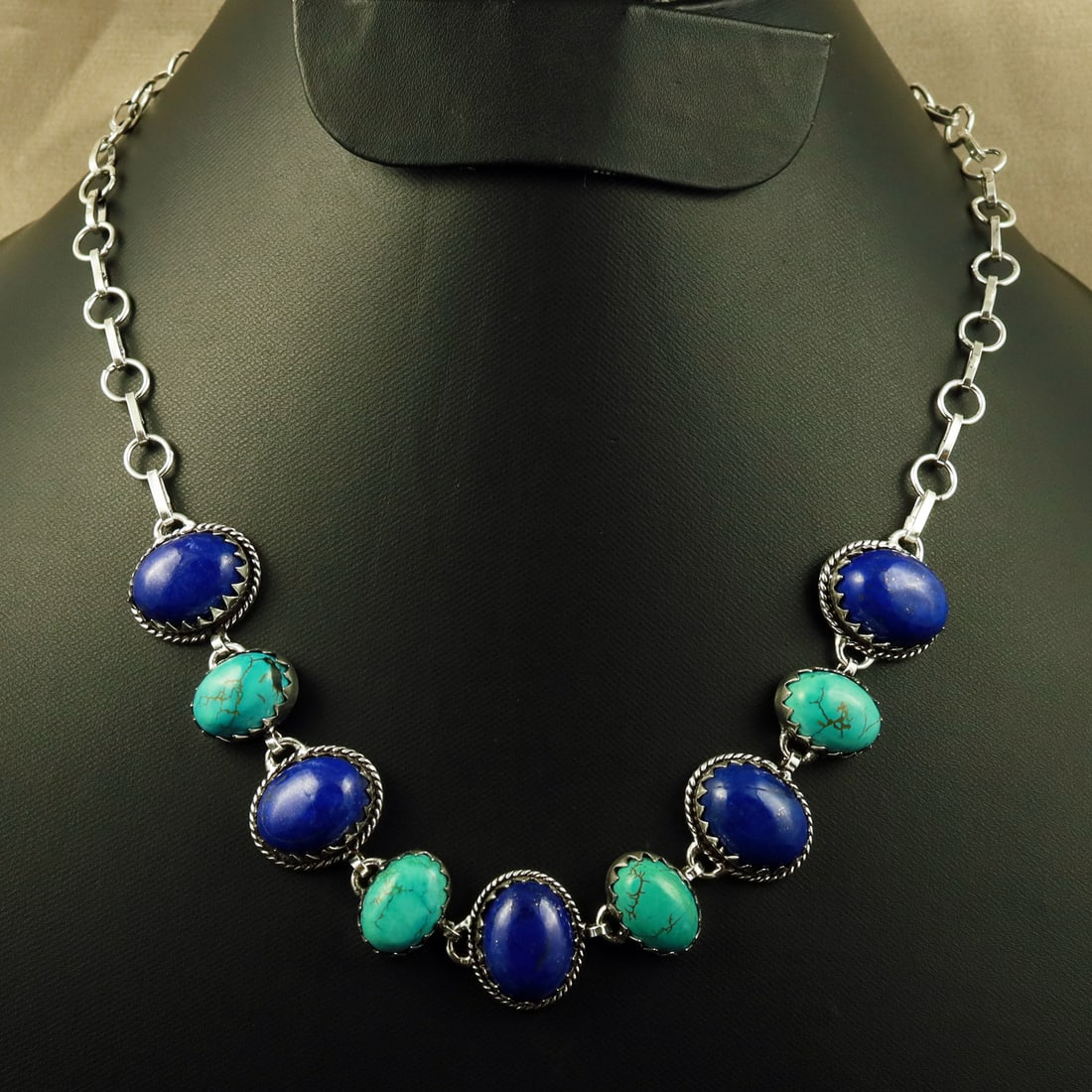 Natural Turquoise & Lapis Sterling Silver Plated Handmade Necklace: Product ID: 260708111808 Product - Handmade Silver Plated Necklace Metal - 92.5 Sterling Silver Plated Necklace Length - 18 Inch Gemstone - Turquoise & Lapis Lazuli Gemstone Size - 12X16 MM (5 Stone),