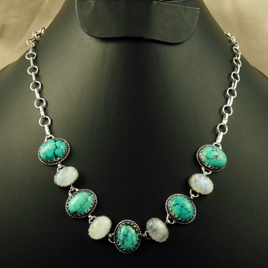 Natural Turquoise & Rainbow Moonstone Silver Plated Handmade Choker Necklace: Product ID: 260708111218 Product - Handmade Silver Plated Necklace Metal - 92.5 Sterling Silver Plated Necklace Length - 18 Inch Gemstone - Turquoise & Rainbow Moonstone Gemstone Size - 12X16 MM (5 St