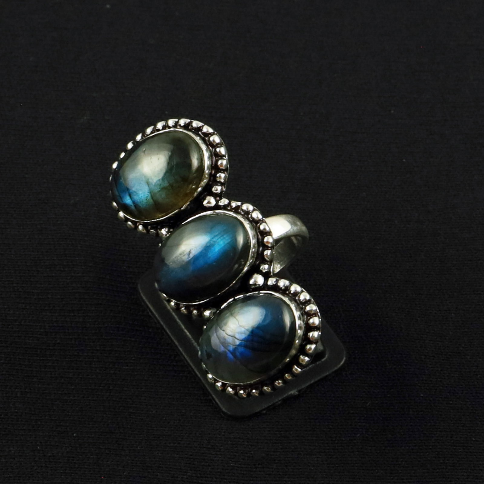 Natural Labradorite Sterling Silver Plated Handmade Ring - 6.5MM: Product ID: 260620132642 Product - Handmade Silver Plated Ring Metal - 92.5 Sterling Silver Plated Ring Size - 6.5MM Gemstone - Labradorite Gemstone Origin - Canada Gemstone Size - 10X14 MM ( 3 Stone 